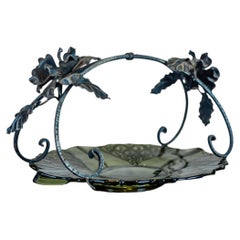 French Epergne, Green Glass & Metal, Rose Motif, 20th Century Design