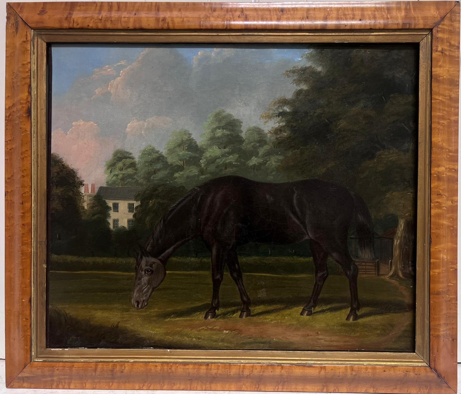 Antikes französisches Ölgemälde, Pferd in Landhaus-Garten/Ahornholzrahmen