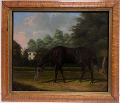 Antikes französisches Ölgemälde, Pferd in Landhaus-Garten/Ahornholzrahmen