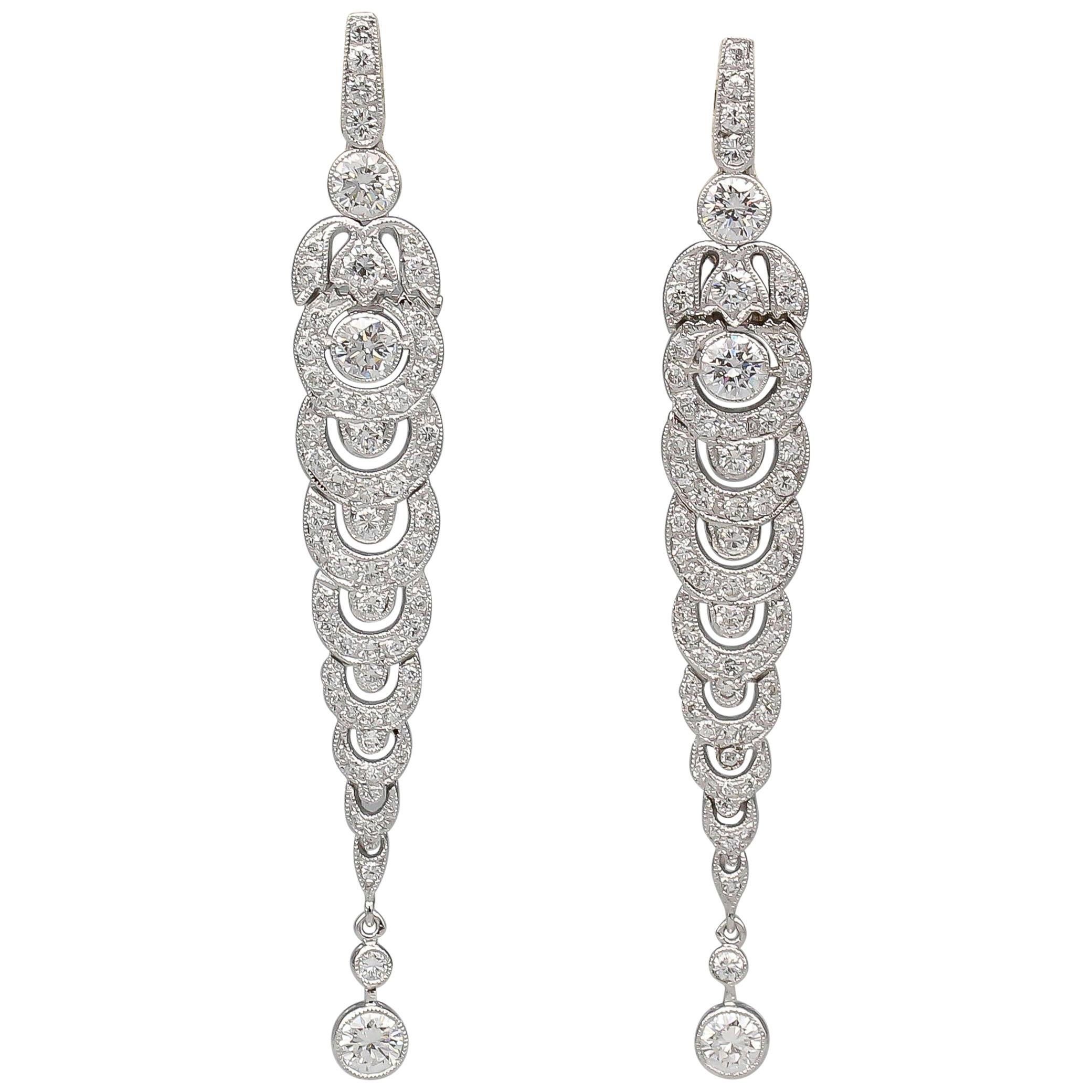 French Estate Diamond and 18 Karat White Gold Drop Earrings