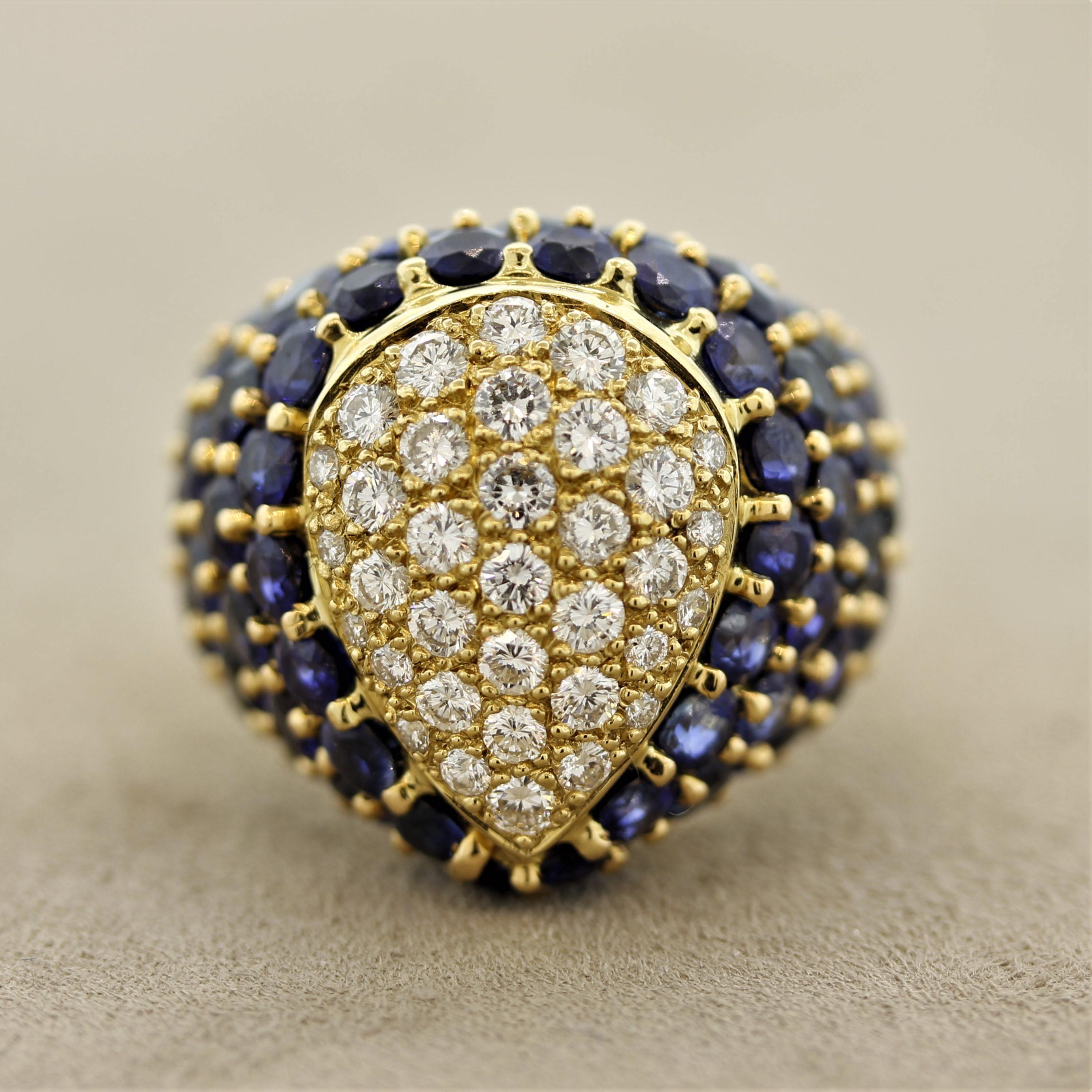A lovely domed Bombay style French ring featuring 0.75 carats of round brilliant-cut diamonds along with 10 carats of bright blue sapphire. Made with 18k yellow gold in France, a lovely quality piece.

Ring Size 5.25