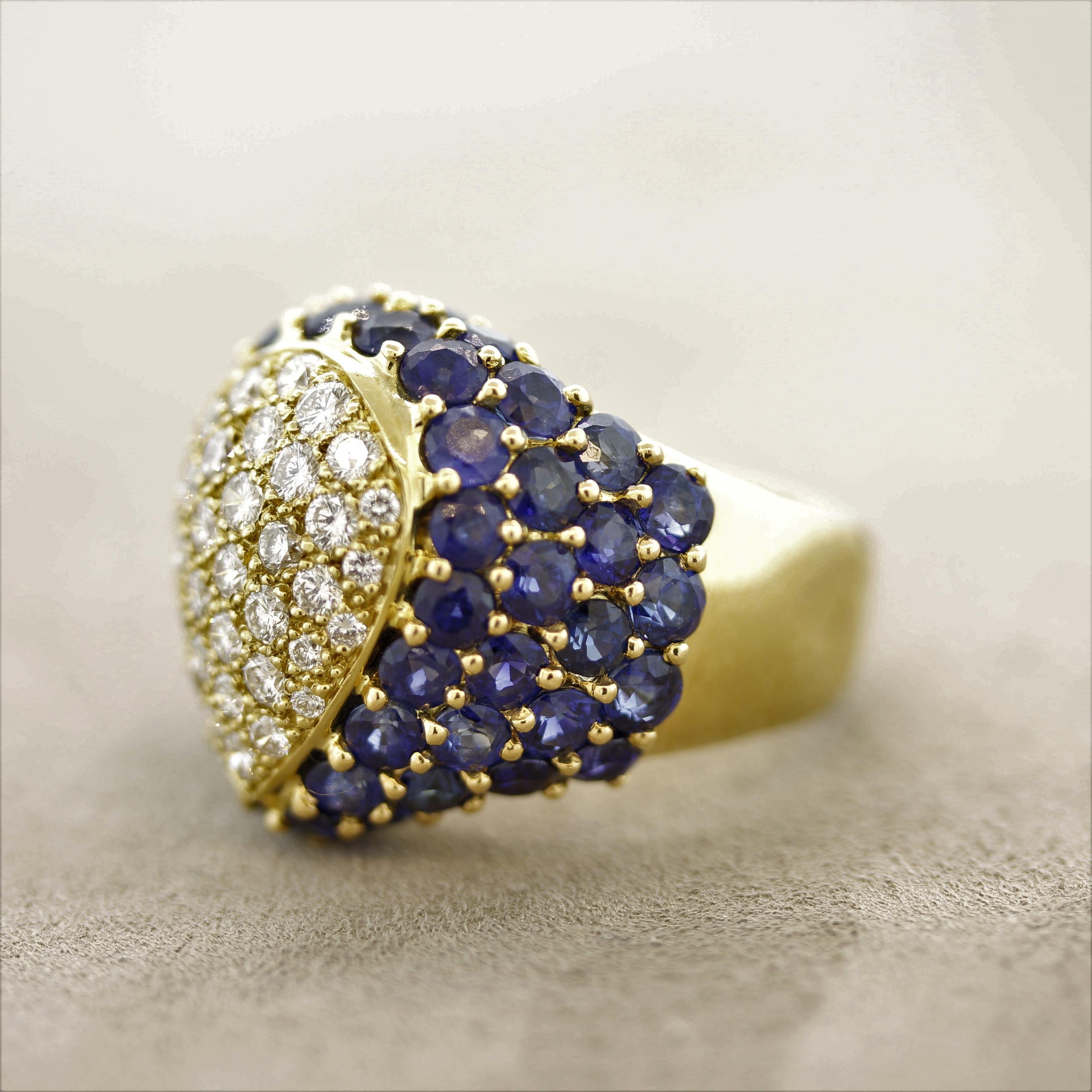 Round Cut French Estate Diamond Sapphire Domed Gold Cocktail Ring For Sale