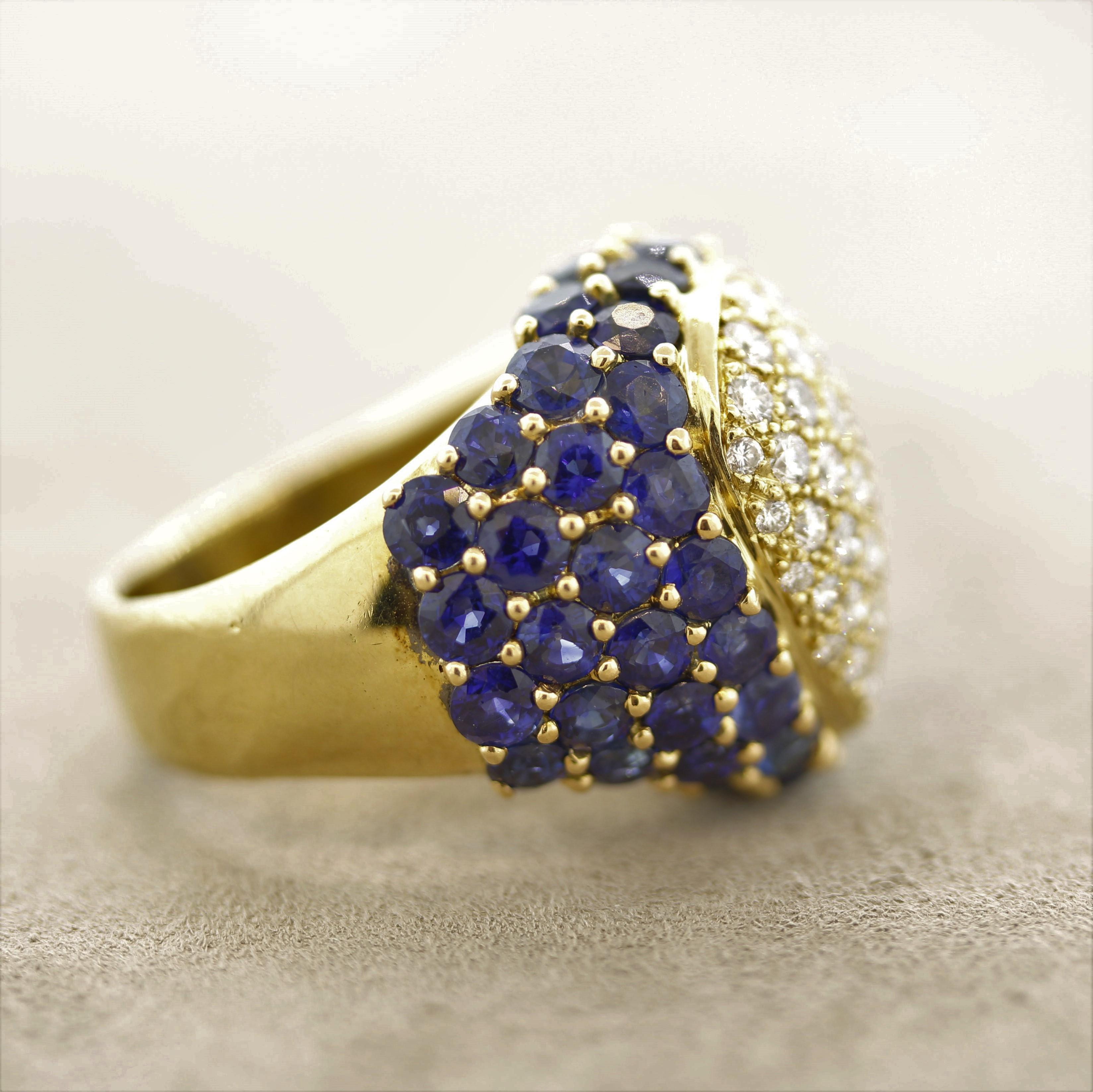 French Estate Diamond Sapphire Domed Gold Cocktail Ring In Excellent Condition For Sale In Beverly Hills, CA