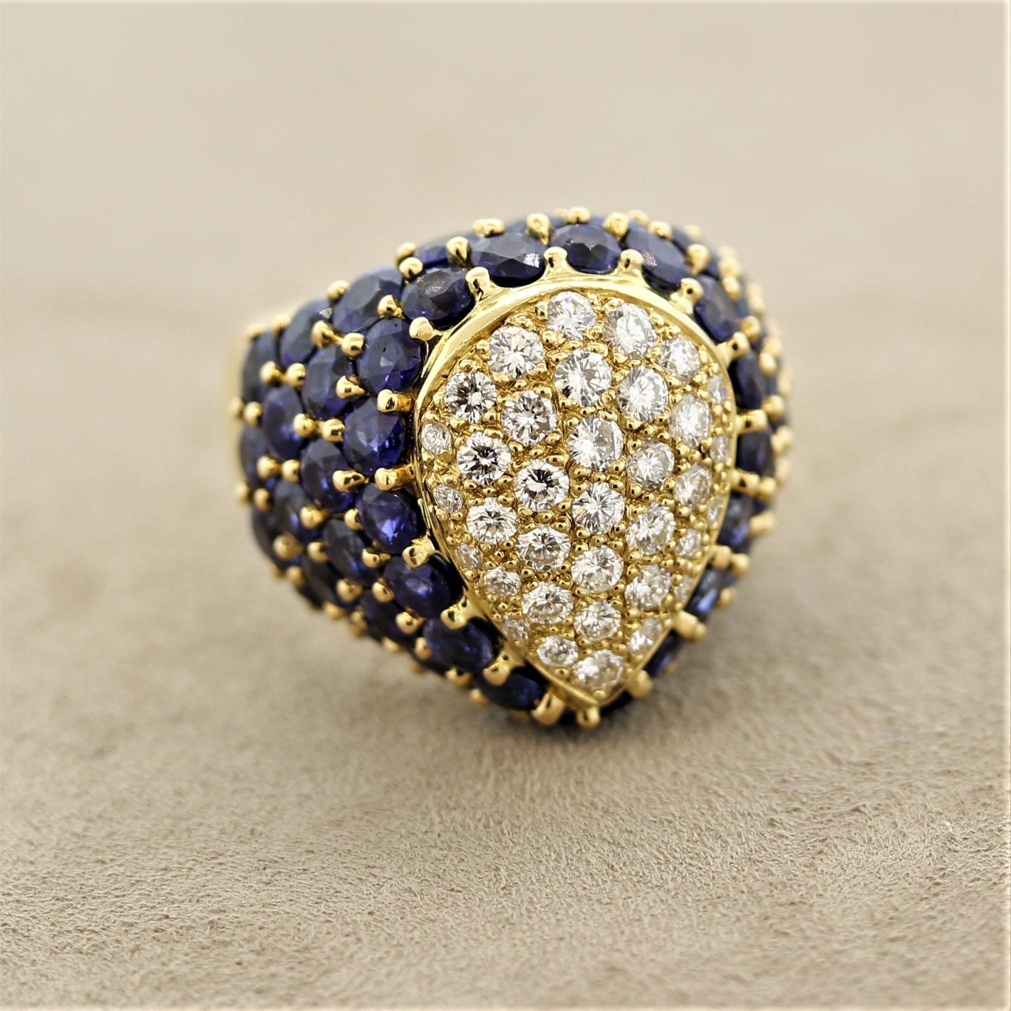 Women's French Estate Diamond Sapphire Domed Gold Cocktail Ring For Sale