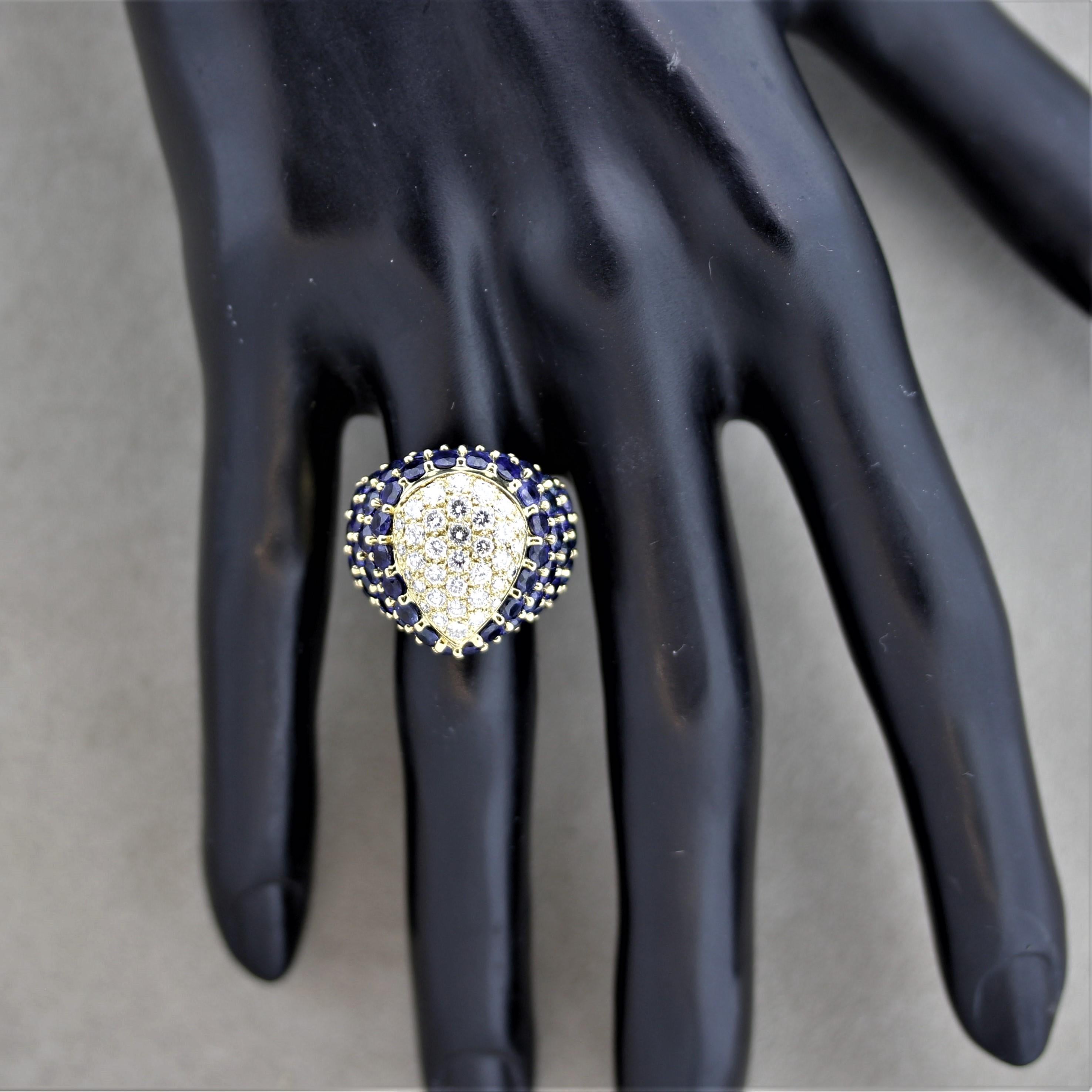 French Estate Diamond Sapphire Domed Gold Cocktail Ring For Sale 1