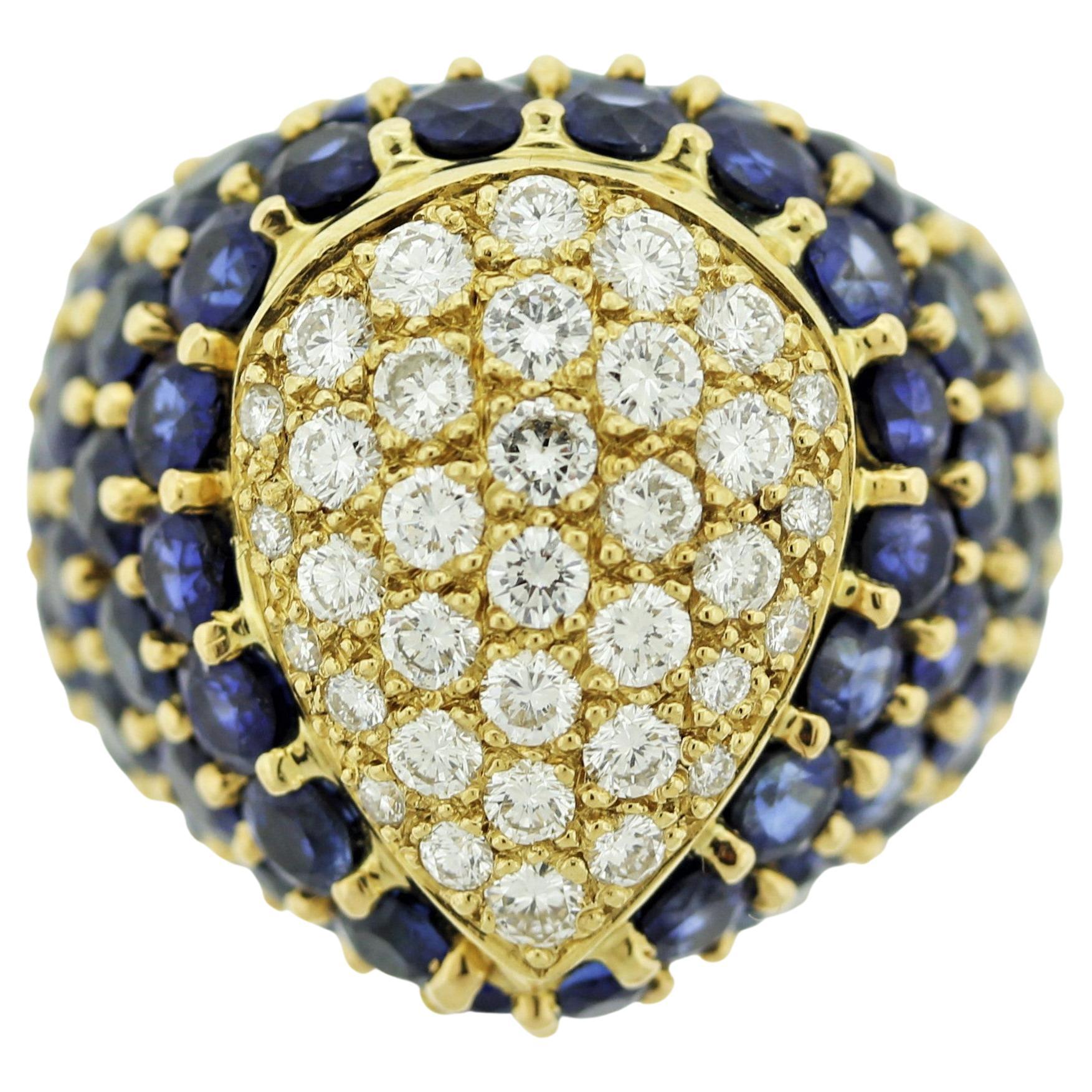 French Estate Diamond Sapphire Domed Gold Cocktail Ring For Sale