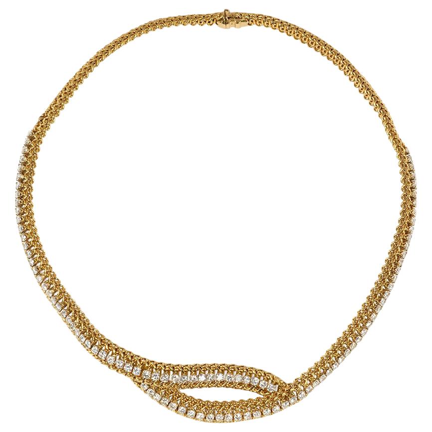French Estate Woven Gold and Brilliant Cut Diamond Crossover Necklace