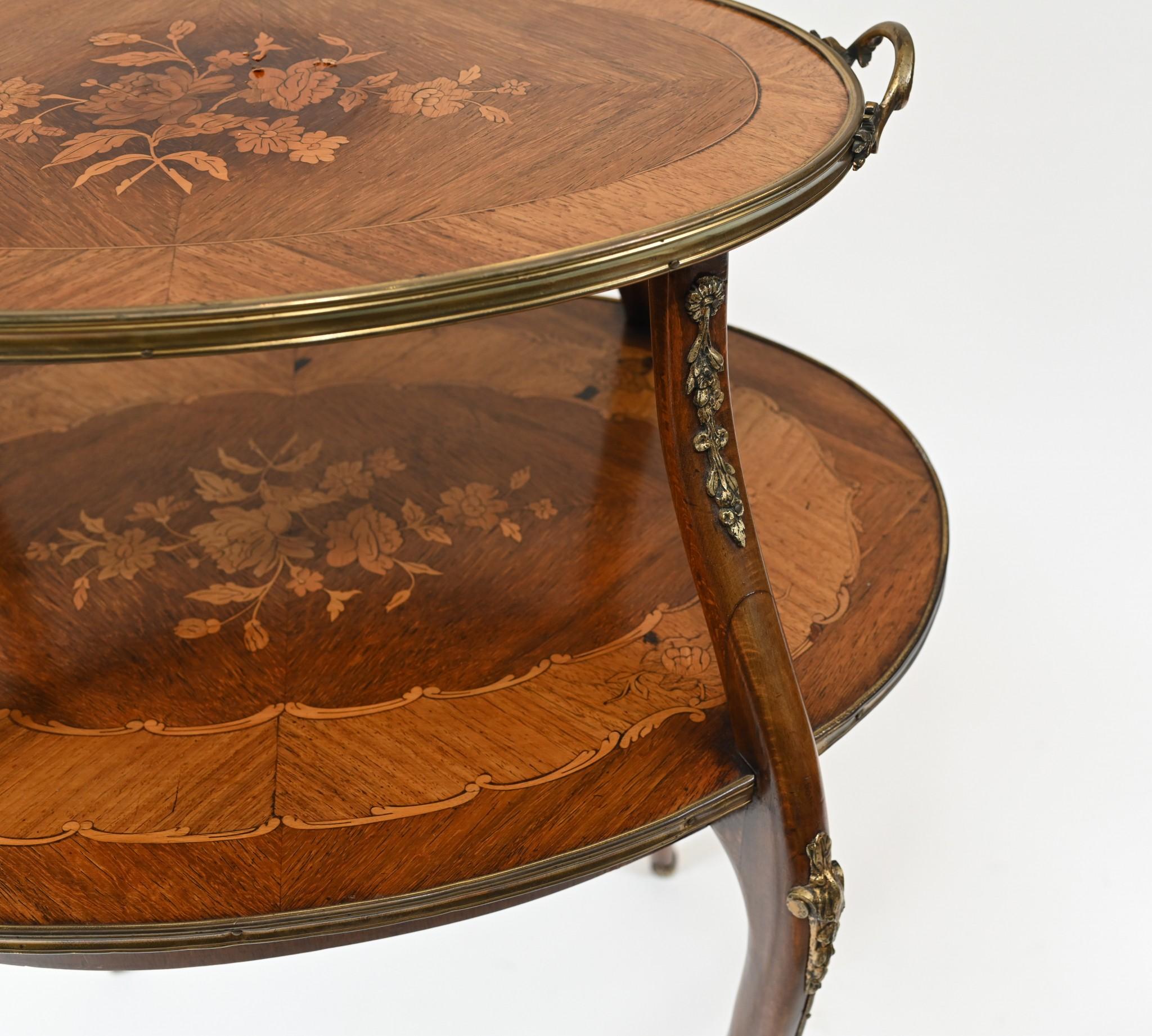 Late 19th Century French Etagere Table Antique Tiered Marquetry Inlay For Sale
