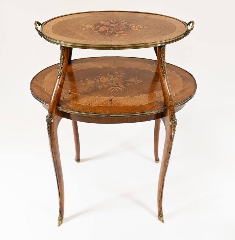 French Etagere Table Antique Tiered Marquetry Inlay For Sale at 1stDibs
