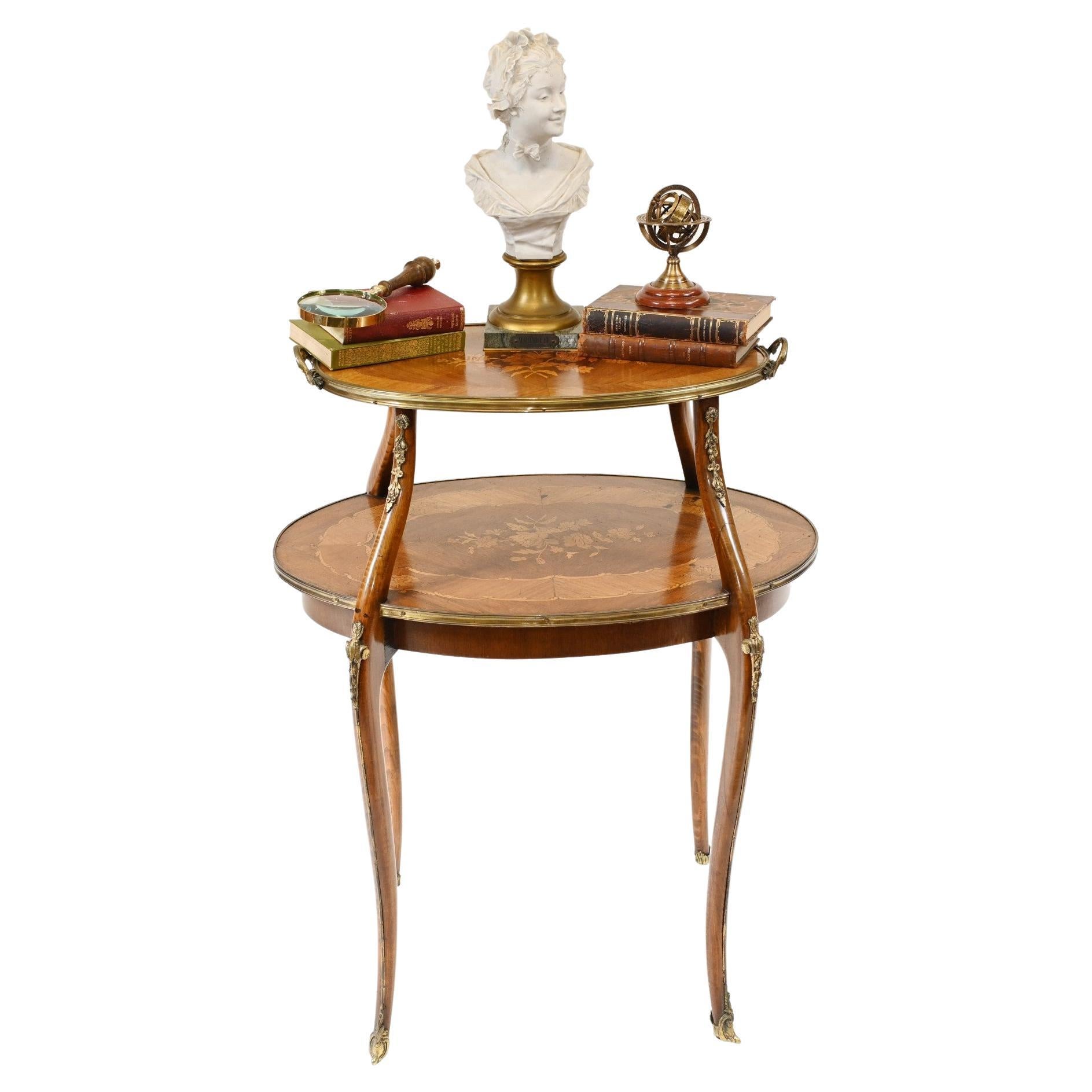 French Etagere Table Antique Tiered Marquetry Inlay For Sale