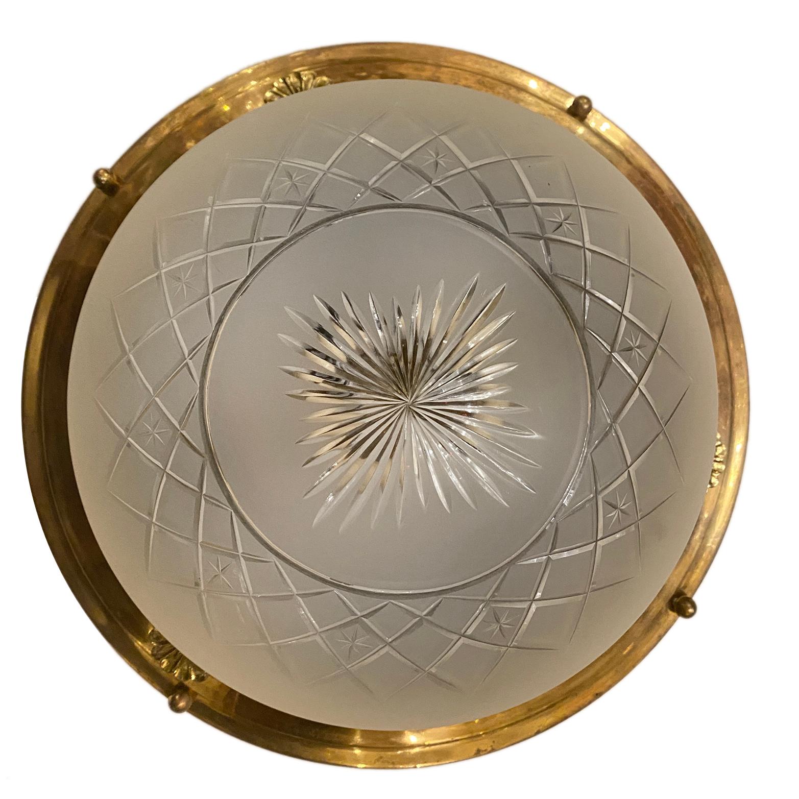French Etched Glass Flush Mount In Good Condition For Sale In New York, NY