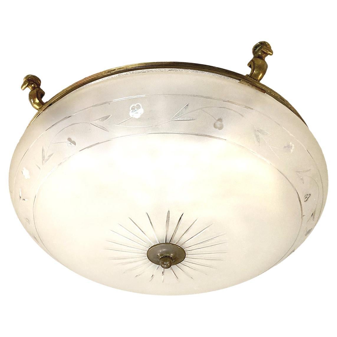 French Etched Glass Flush Mount For Sale