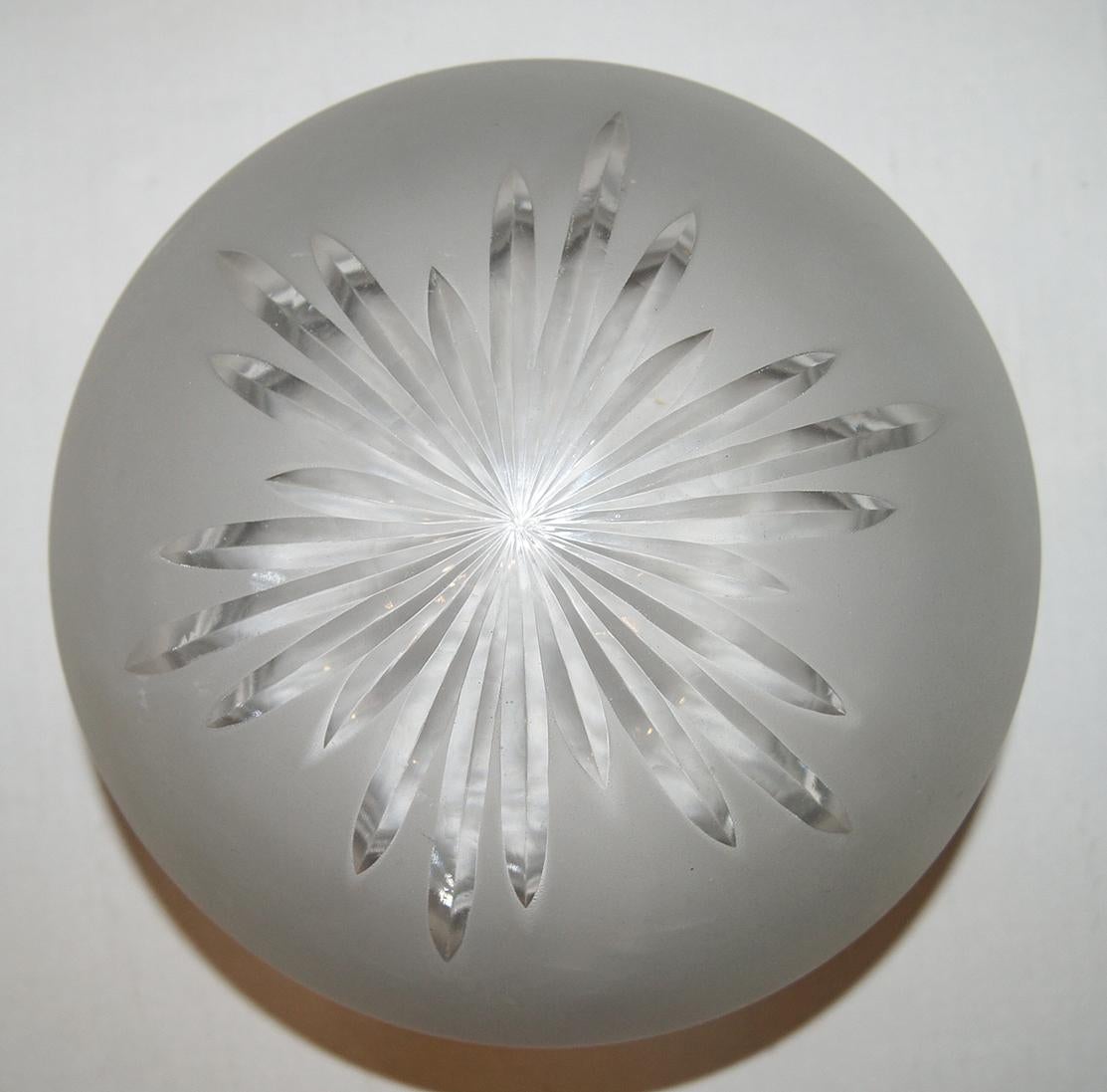 A circa 1920s French molded and etched glass light fixture.

Measurements:
Height 7.25?
Diameter 10.5?.