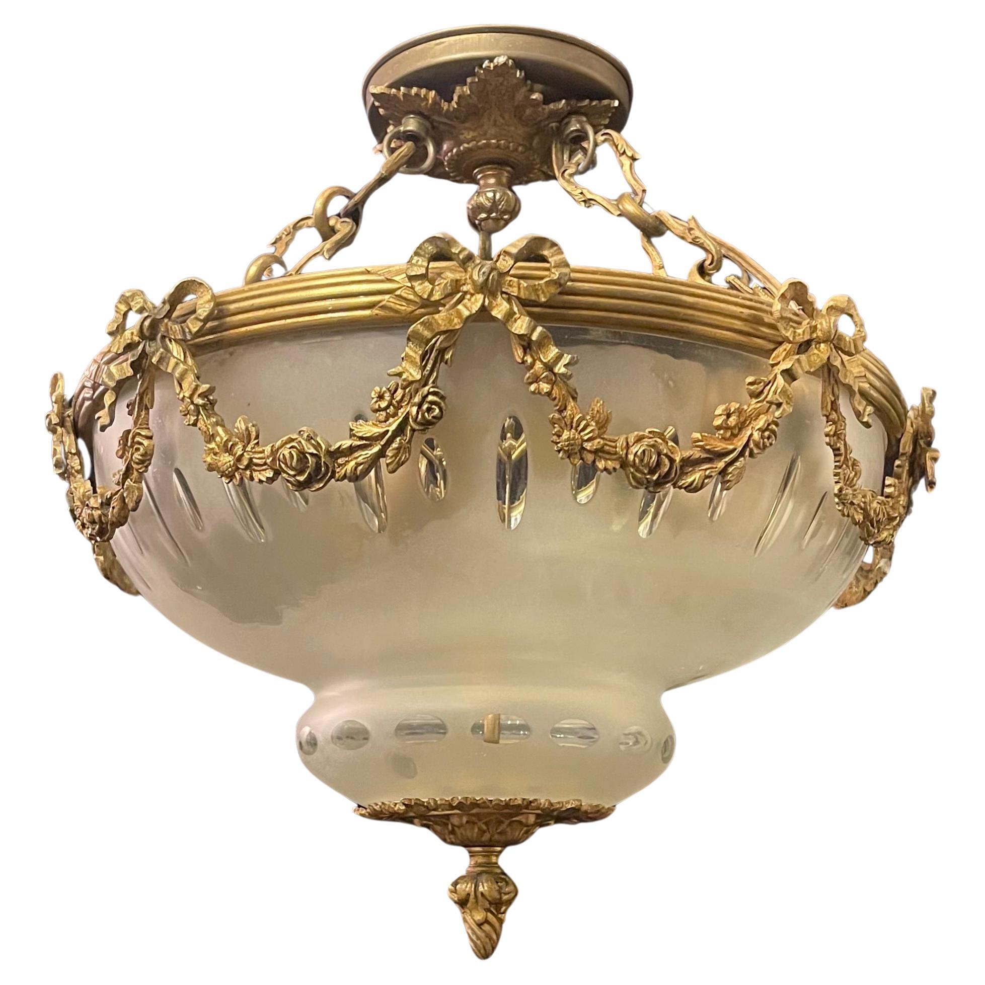 French Etched Glass Ormolu Bronze Garland Swag Bows Louis XV Chandelier Fixture For Sale