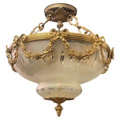 French Etched Glass Ormolu Bronze Garland Swag Bows Louis XV Chandelier Fixture