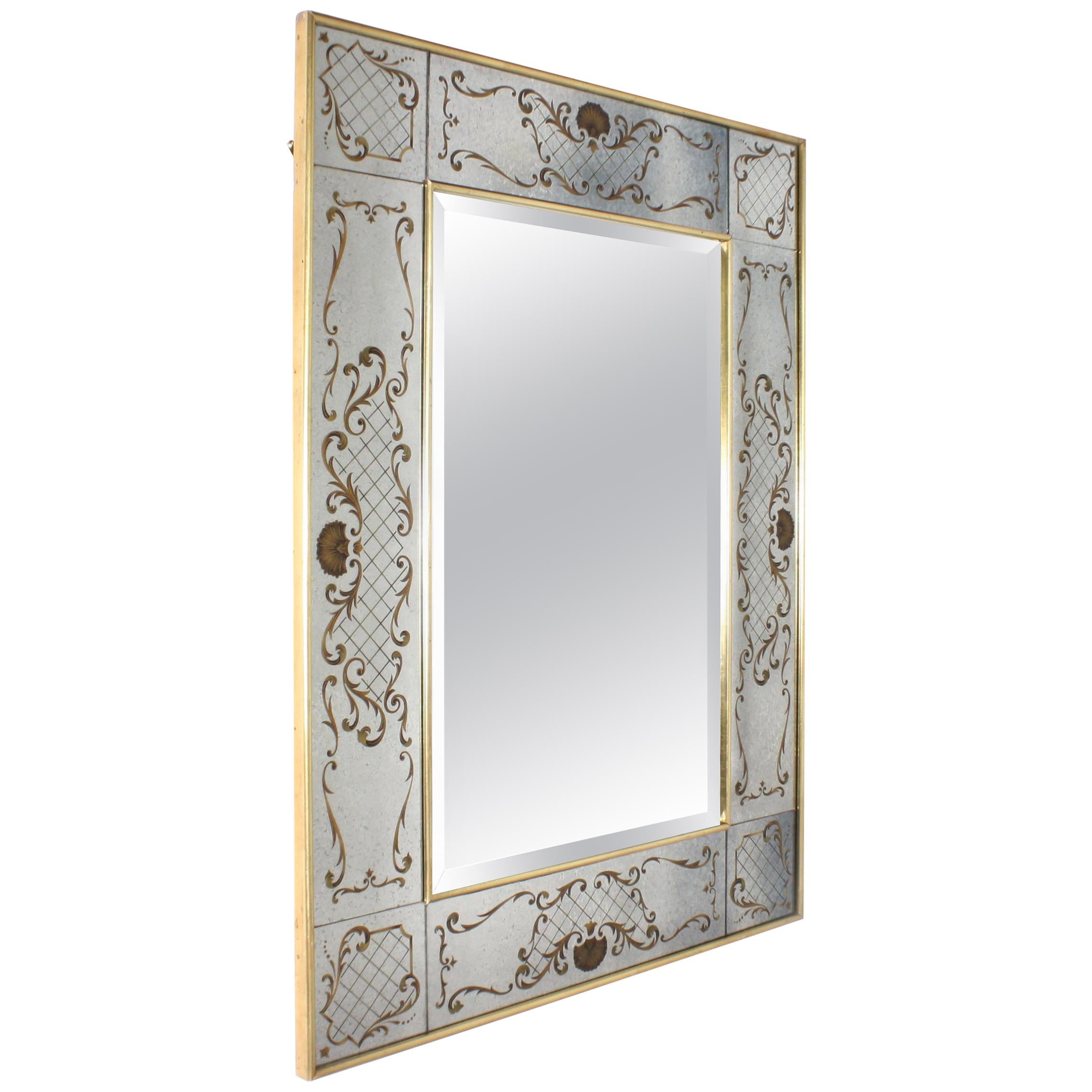 French Etched Mirror with Gold Églomisé, circa 1950