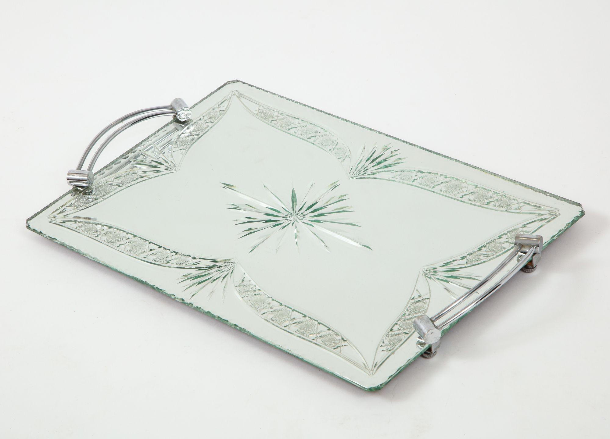 Beautifully etched french mirrored vanity tray
