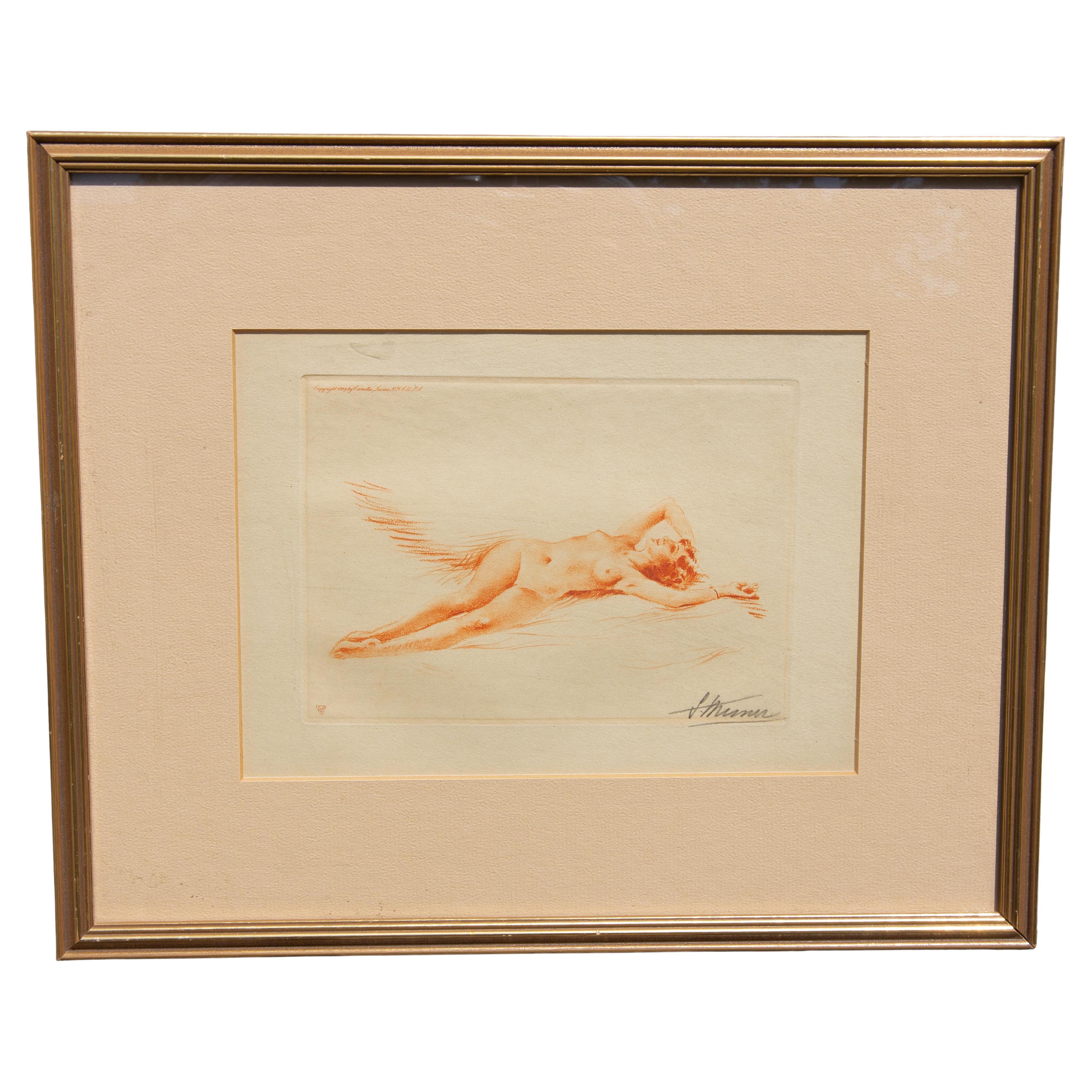 Vintage pinup nude. French etching by Suzanne Meunier. Signed and dated 1934. Framed.

Suzanne Meunier (1888–1979), French artist
This Suzanne Meunier was a French painter, engraver, and illustrator known for her early 20th-century pin-up and