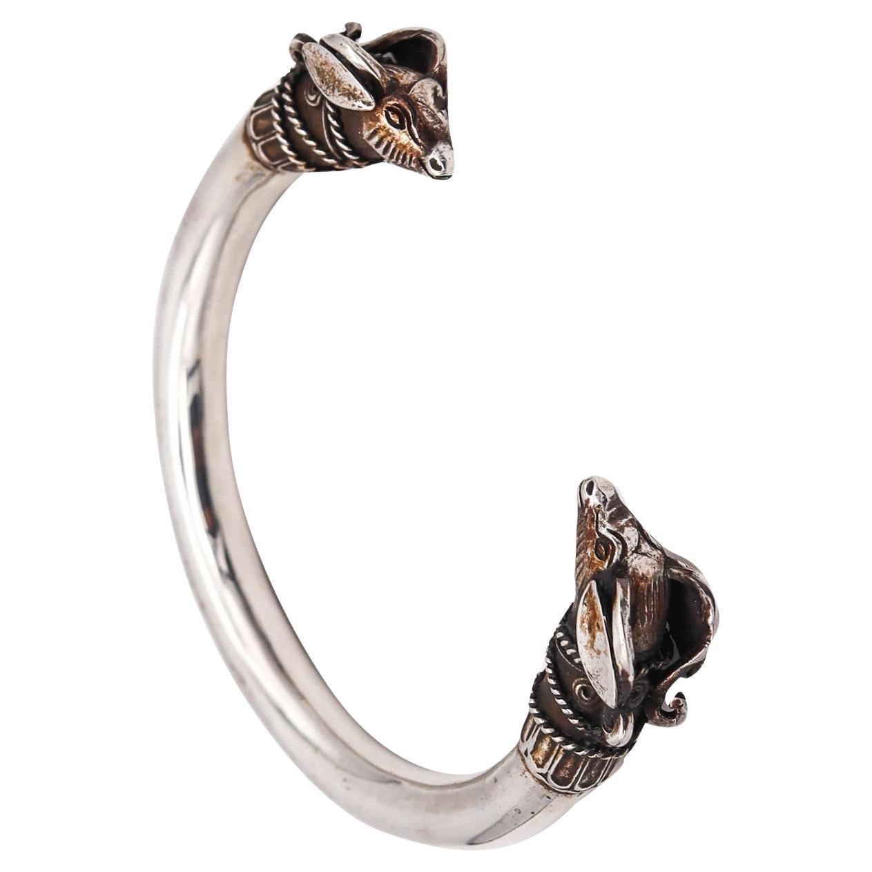 French Etruscan Revival Rams Bracelet Cuff in Solid .925 Sterling Silver For Sale
