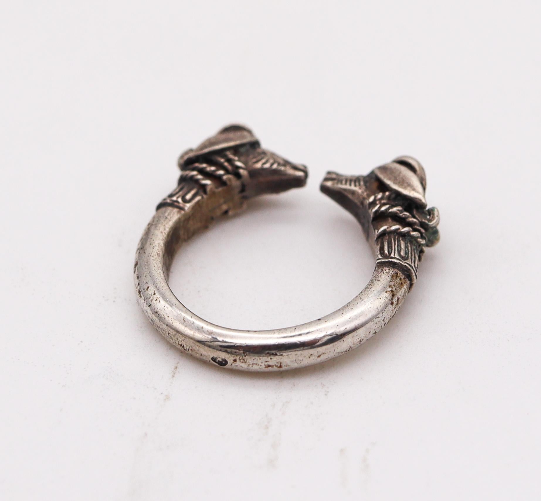 Women's or Men's French Etruscan Revival Rams cuff ring In Solid .925 Sterling Silver For Sale