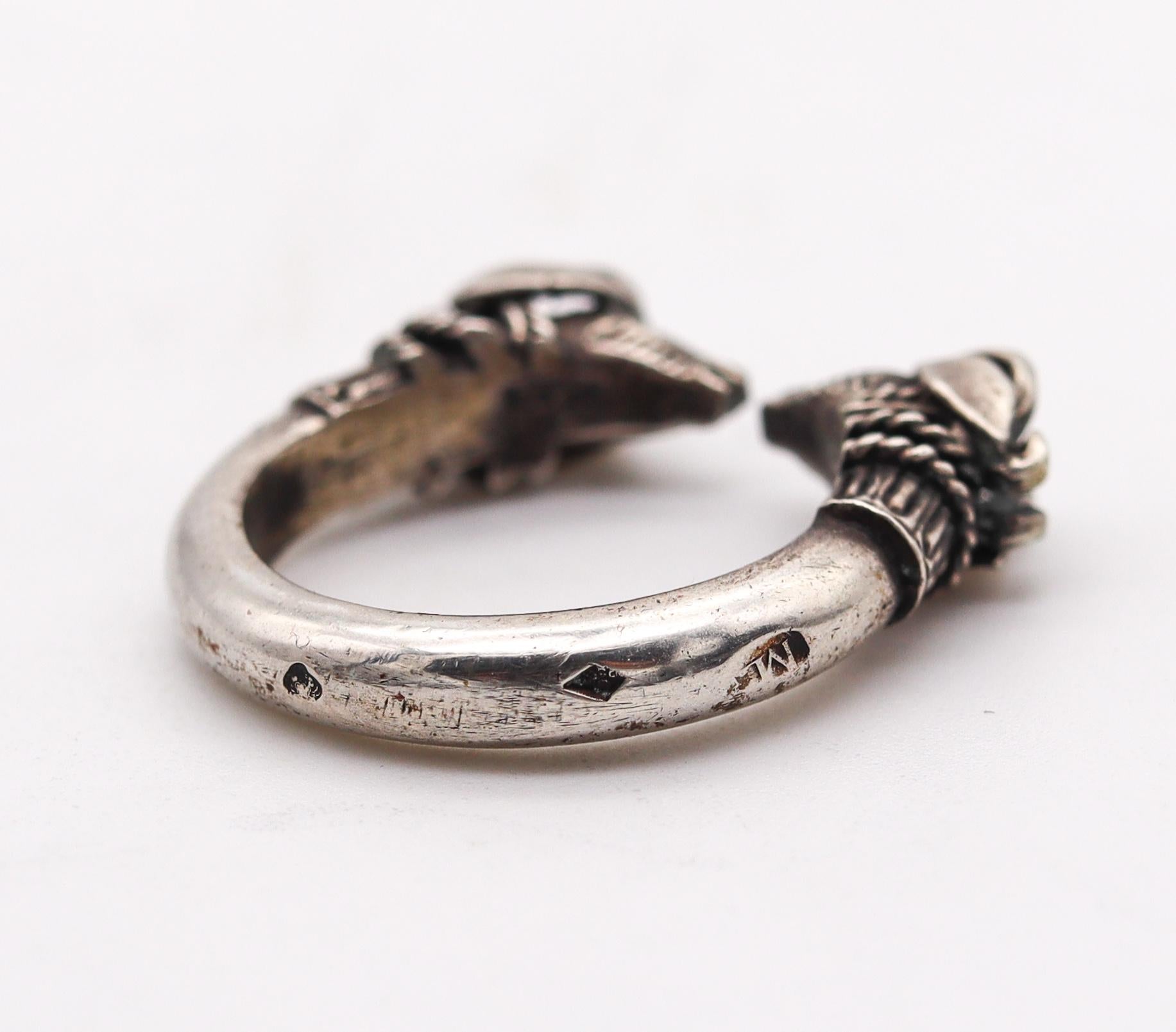 French Etruscan Revival Rams cuff ring In Solid .925 Sterling Silver 1