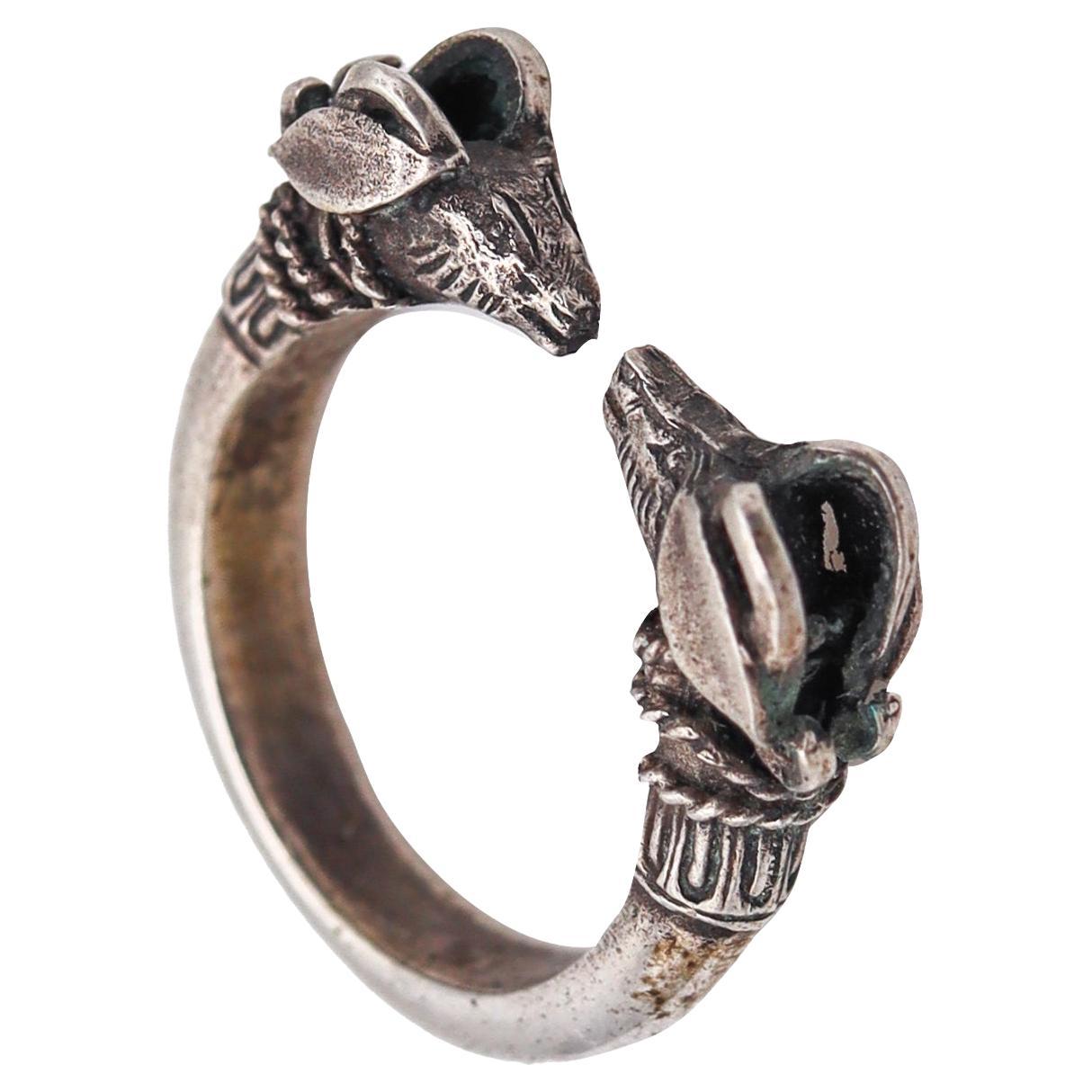 French Etruscan Revival Rams cuff ring In Solid .925 Sterling Silver For Sale