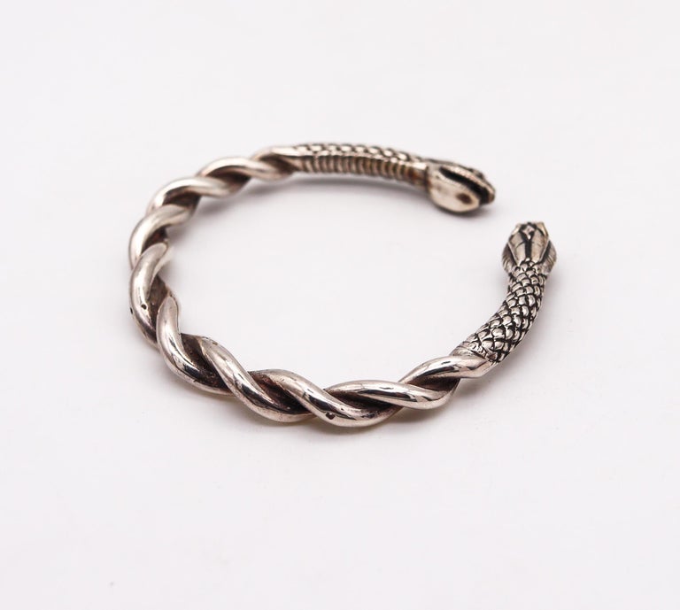 French Etruscan Revival Snakes Bracelet Cuff in Solid .925 Sterling