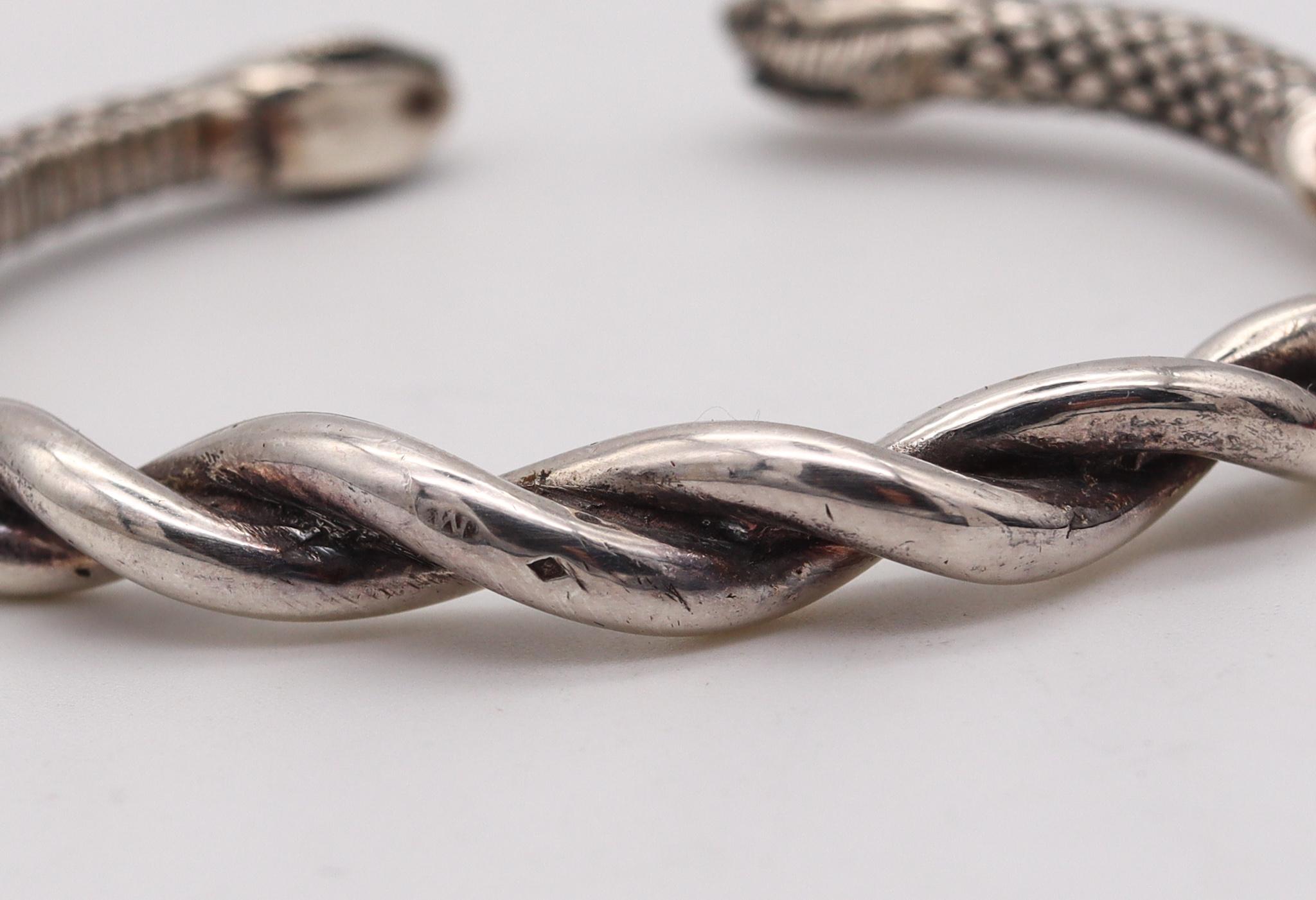 French Etruscan Revival Snakes Bracelet Cuff in Solid .925 Sterling Silver In Excellent Condition For Sale In Miami, FL