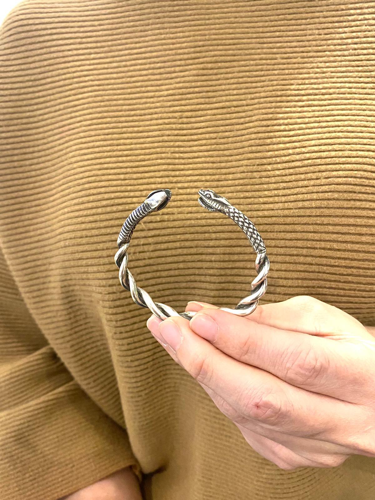 French Etruscan Revival Snakes Bracelet Cuff in Solid .925 Sterling Silver For Sale 1