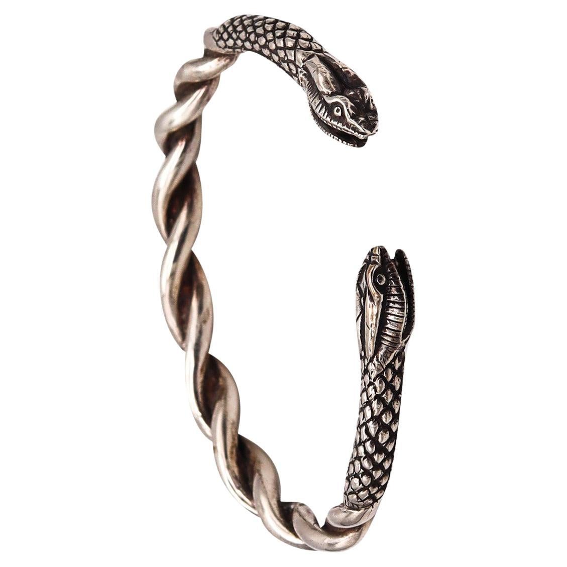 French Etruscan Revival Snakes Bracelet Cuff in Solid .925 Sterling Silver For Sale