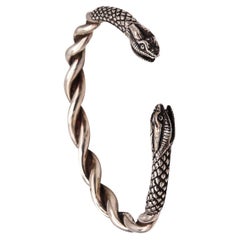Retro French Etruscan Revival Snakes Bracelet Cuff in Solid .925 Sterling Silver
