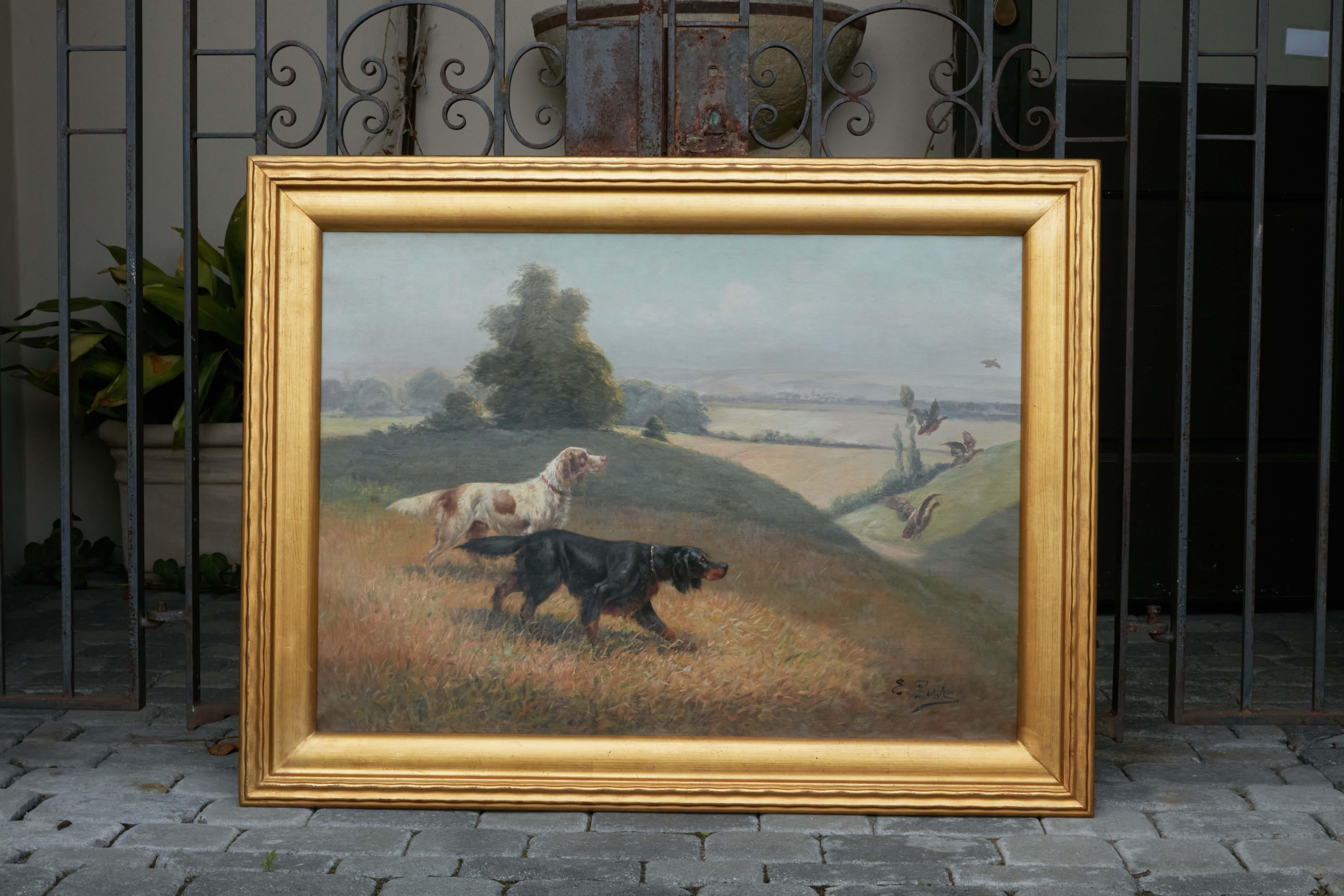 French Eugène Petit 19th Century Oil on Canvas Painting with Dogs Hunting Ducks 7