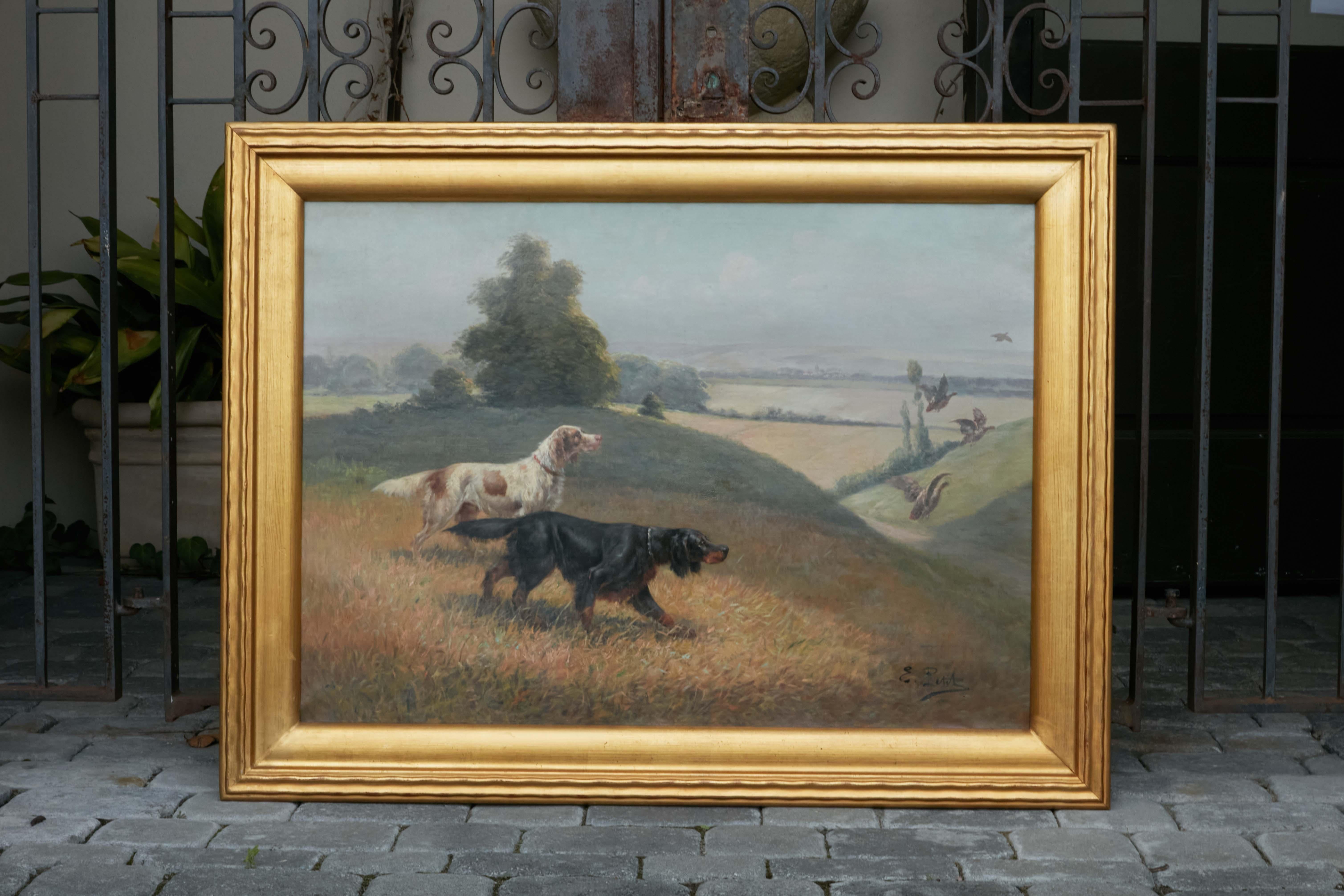 A French oil on canvas painting by Eugène Petit from the 19th century depicting two sporting dogs in a landscape, hunting ducks. Created during the 19th century by French painter Eugène Petit (1839-1886), this oil on canvas painting depicts two