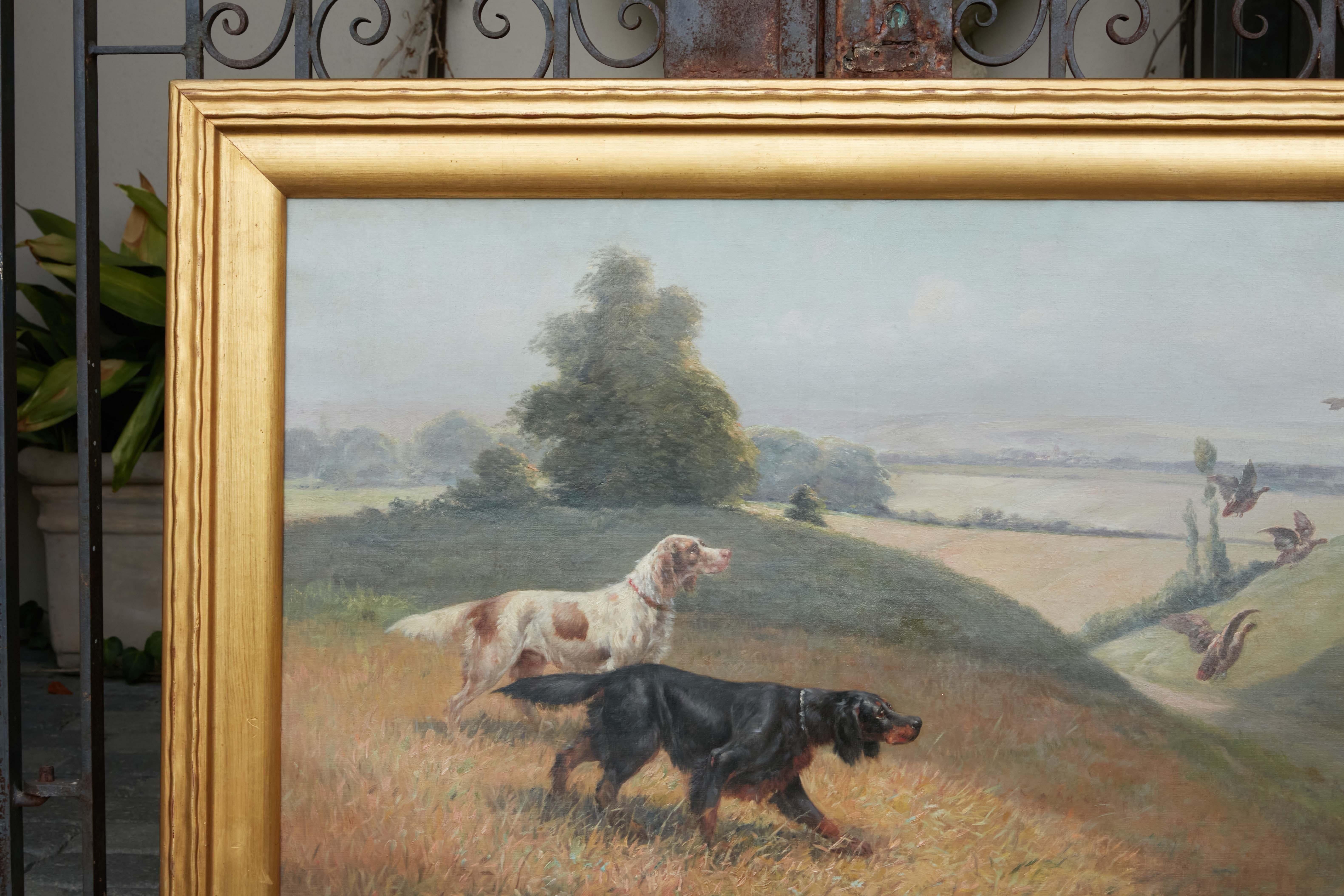 French Eugène Petit 19th Century Oil on Canvas Painting with Dogs Hunting Ducks In Good Condition In Atlanta, GA