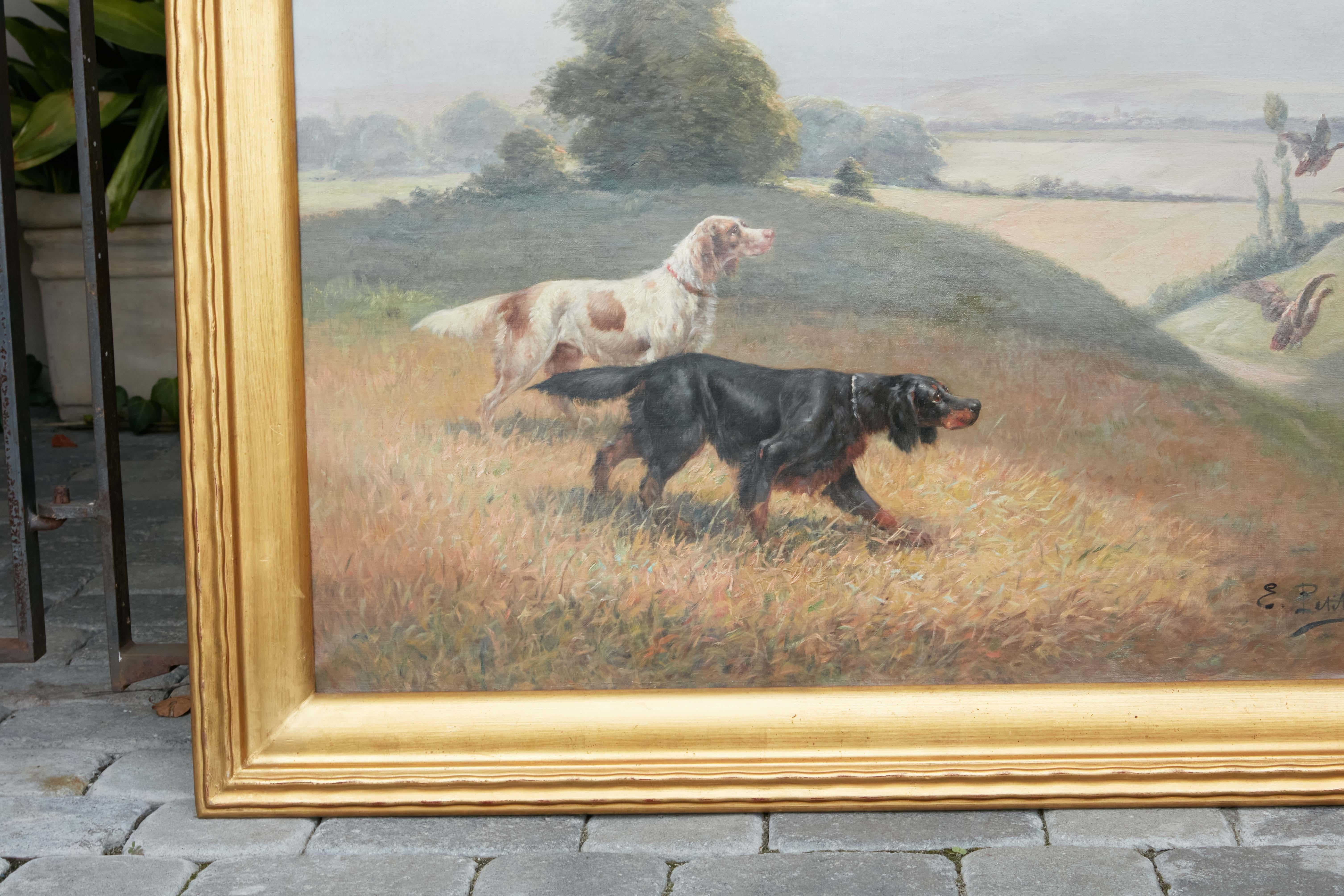 French Eugène Petit 19th Century Oil on Canvas Painting with Dogs Hunting Ducks 1
