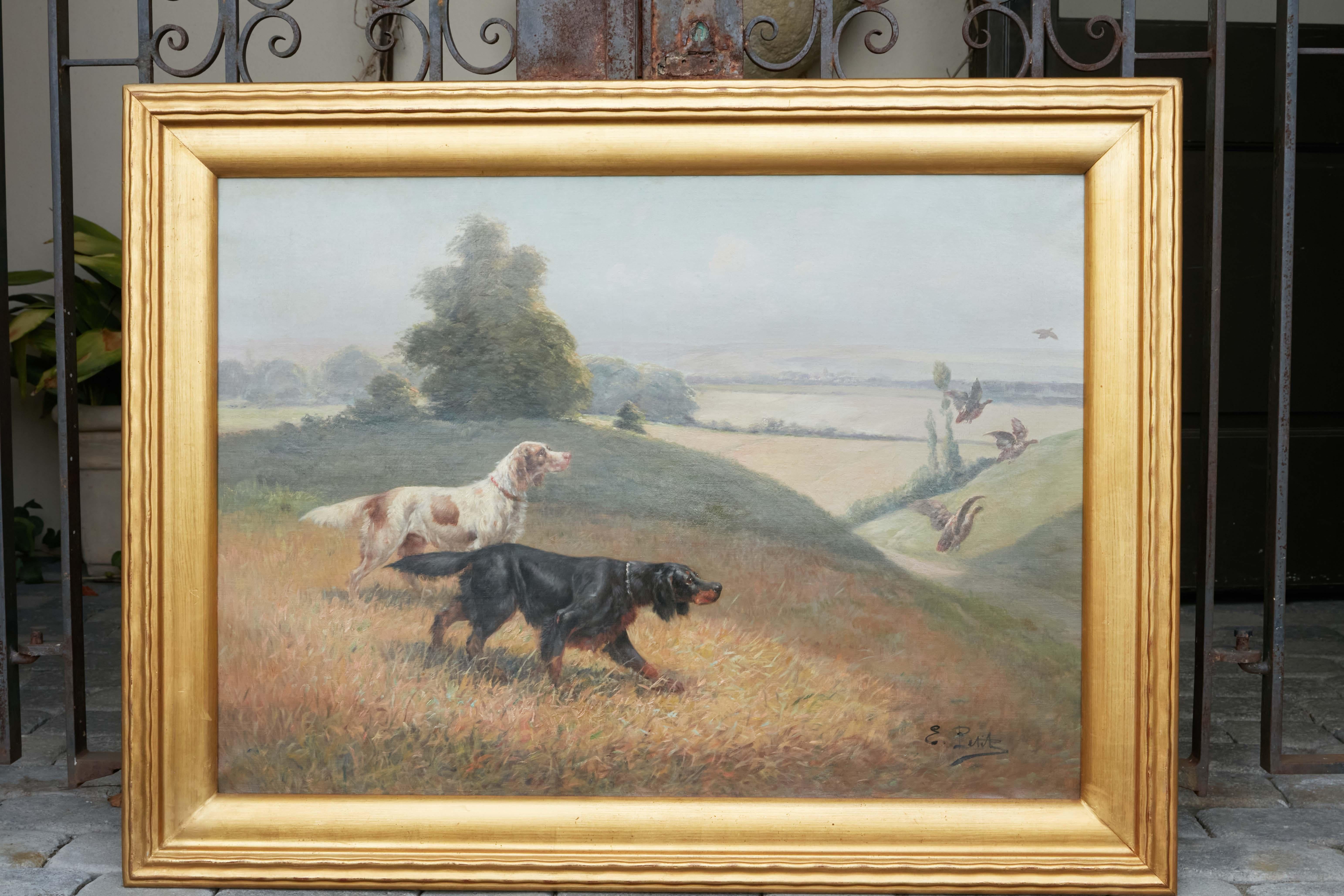 French Eugène Petit 19th Century Oil on Canvas Painting with Dogs Hunting Ducks 2