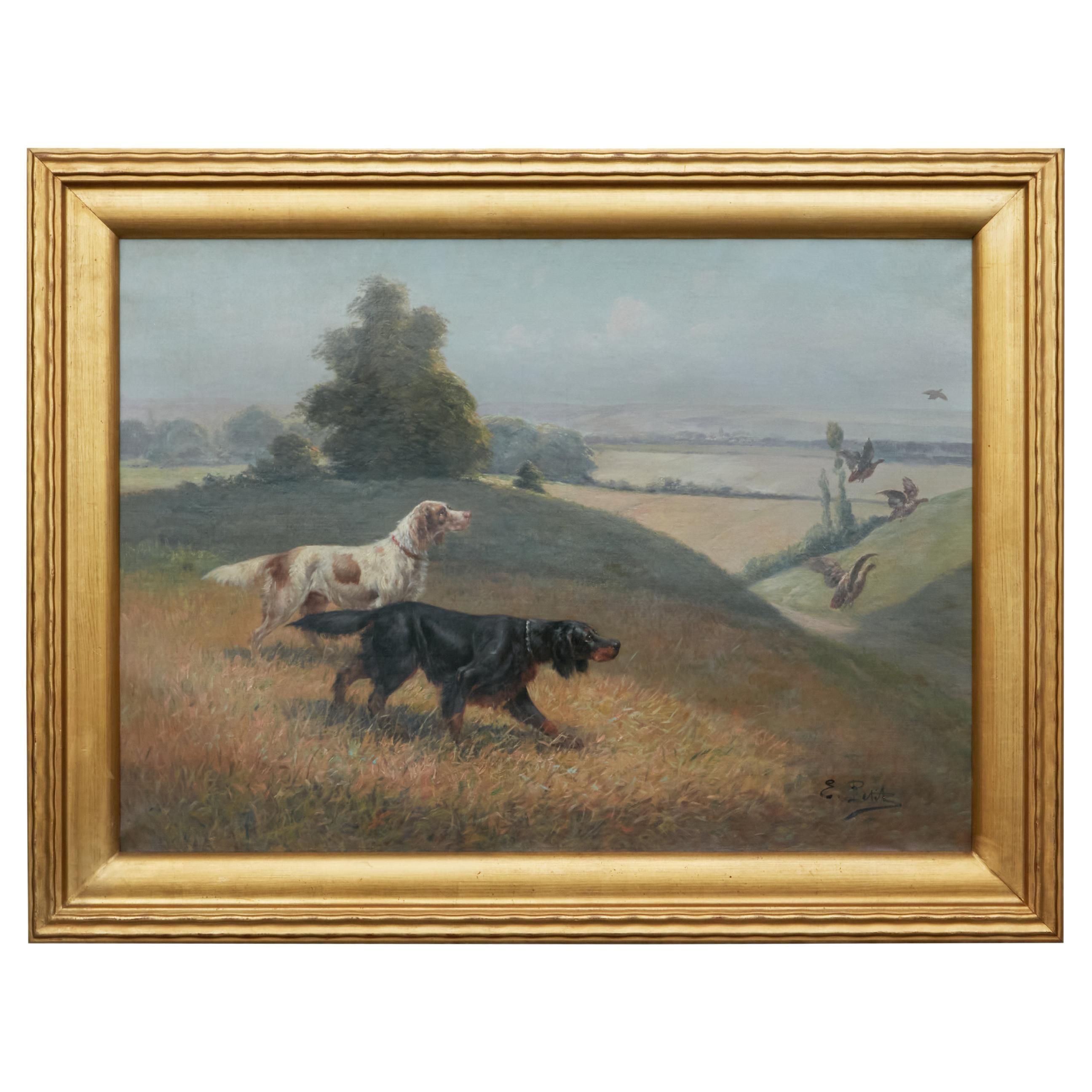 French Eugène Petit 19th Century Oil on Canvas Painting with Dogs Hunting Ducks
