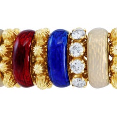 French European Enamel Stations and Diamond Yellow Gold Bracelet
