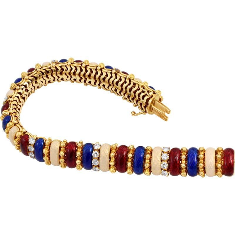 French European Enamel Stations and Diamond Yellow Gold Bracelet In Excellent Condition For Sale In Surfside, FL