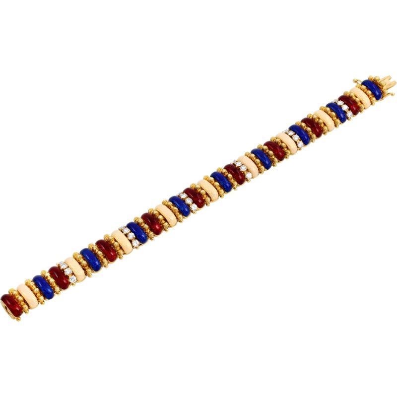 Women's French European Enamel Stations and Diamond Yellow Gold Bracelet For Sale