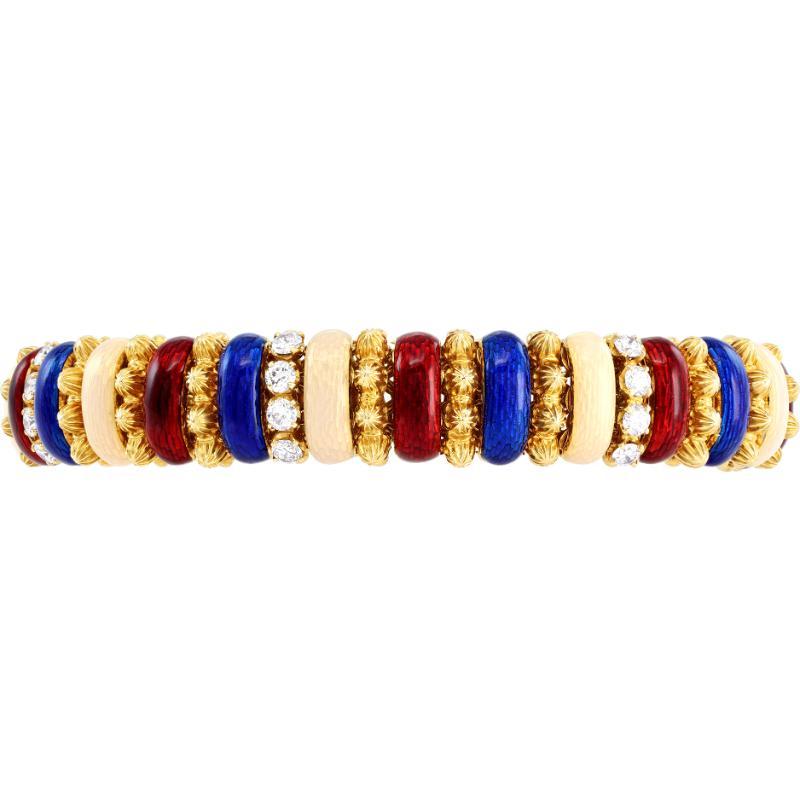 French European Enamel Stations and Diamond Yellow Gold Bracelet For Sale 2
