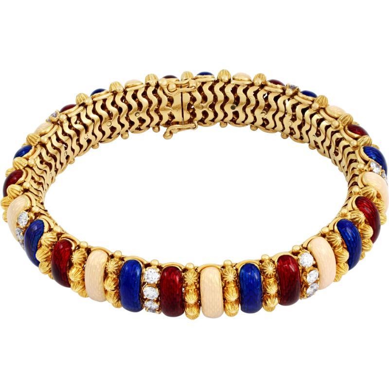 French European Enamel Stations and Diamond Yellow Gold Bracelet For Sale 3