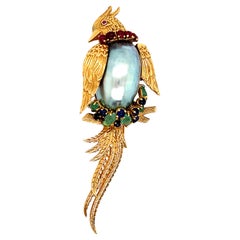 French Exotic Bird Brooch 18k Sapphires Emeralds & Rubies