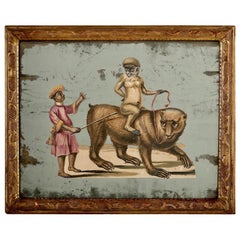 French Exotic Hand Painted Decoupage Mirror, Trainer with Monkey and Bear
