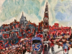 Colorful French Expressionist/ Fauvist Oil Painting Busy City Square  Figures