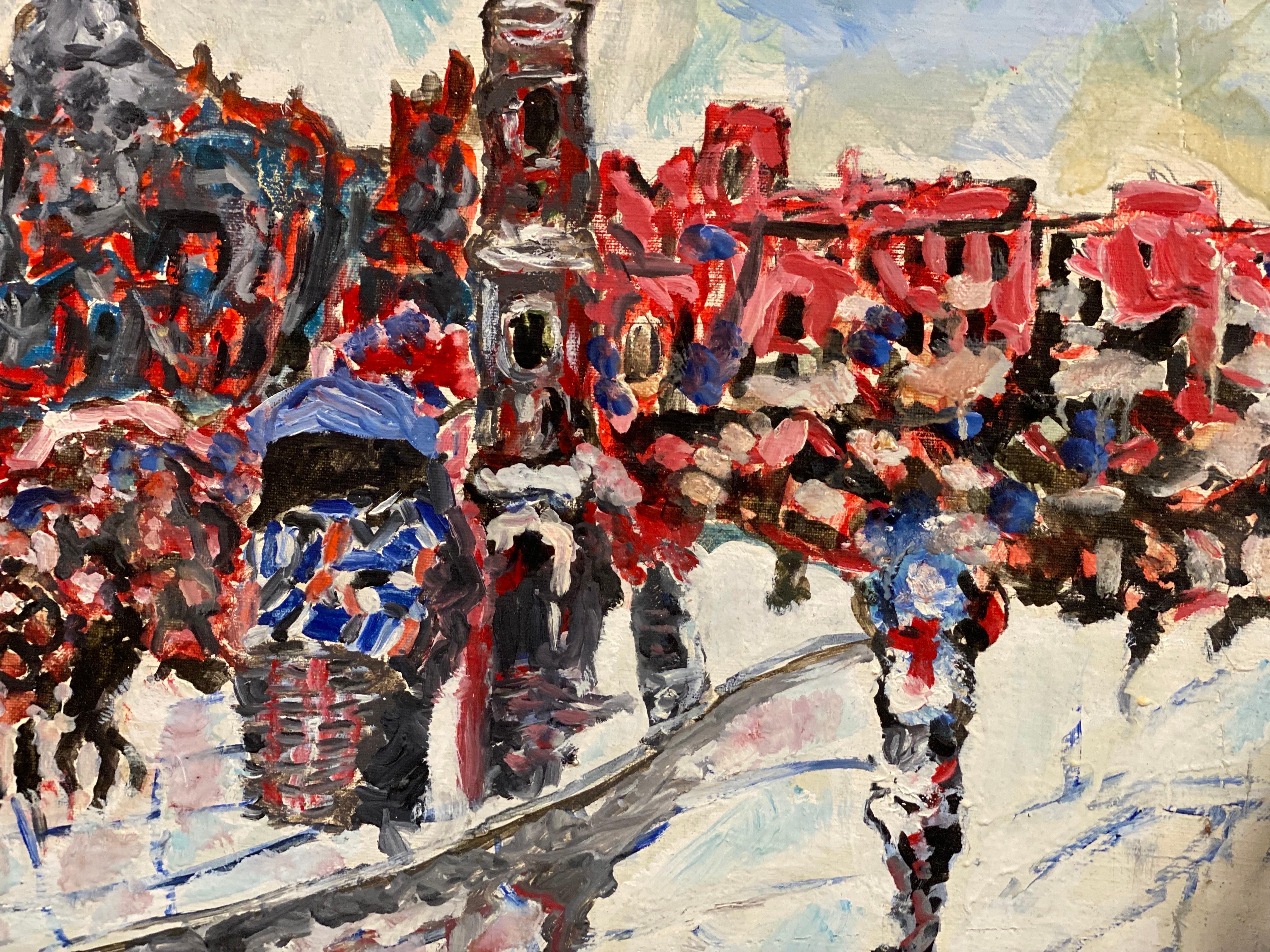Colorful French Expressionist/ Fauvist Oil Painting Busy City Square  Figures For Sale 1