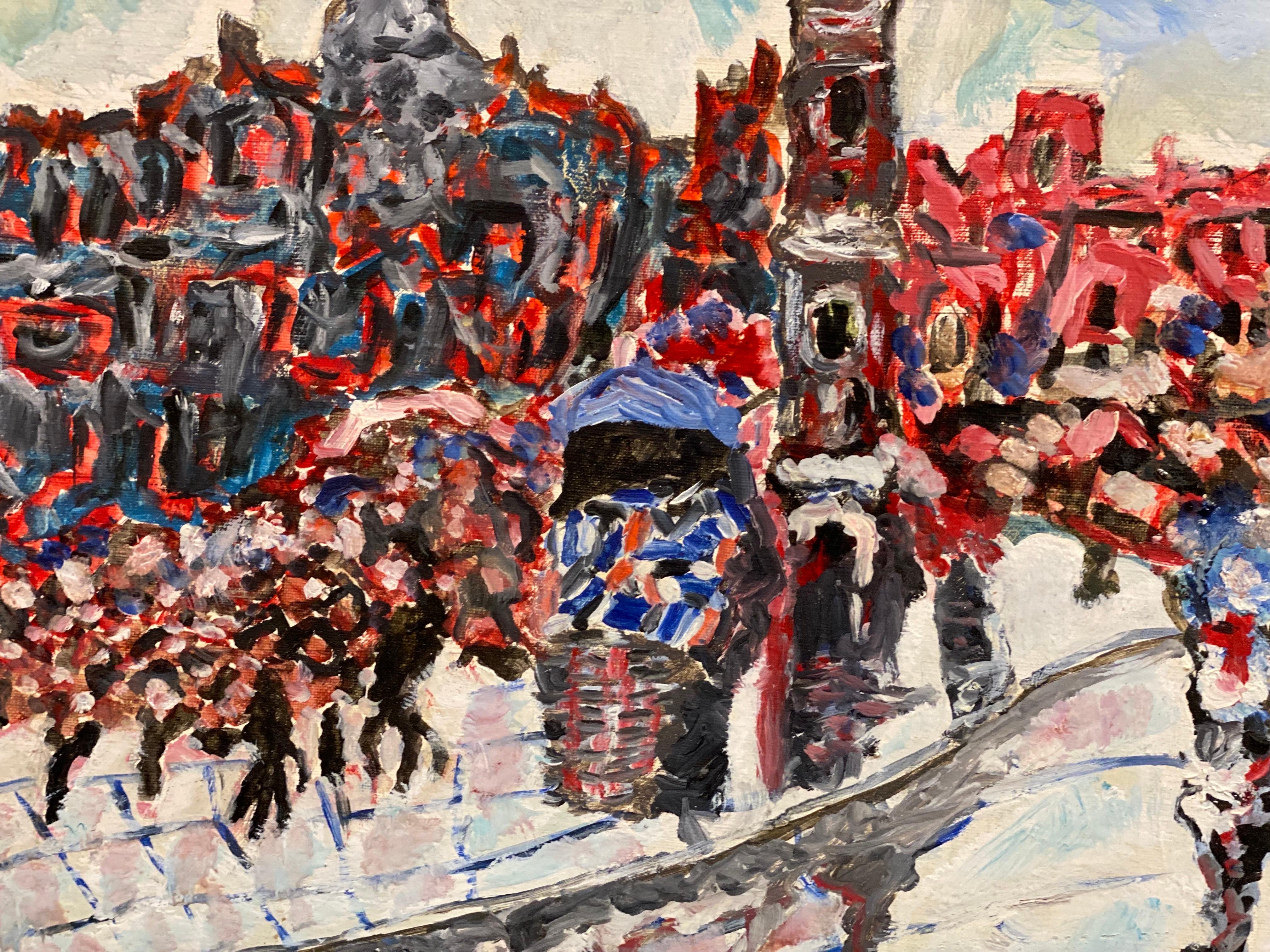 Colorful French Expressionist/ Fauvist Oil Painting Busy City Square  Figures For Sale 2