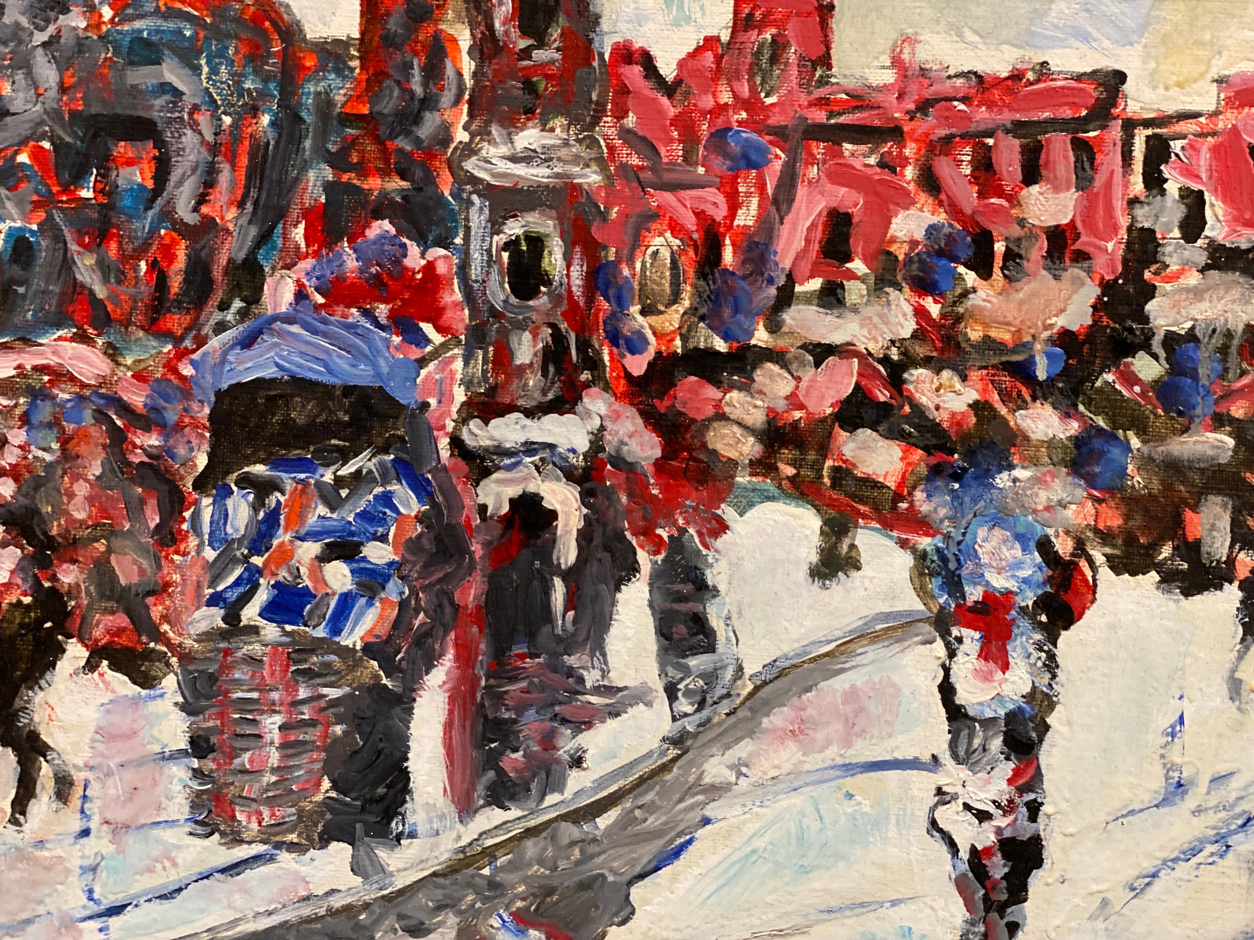 Colorful French Expressionist/ Fauvist Oil Painting Busy City Square  Figures For Sale 3