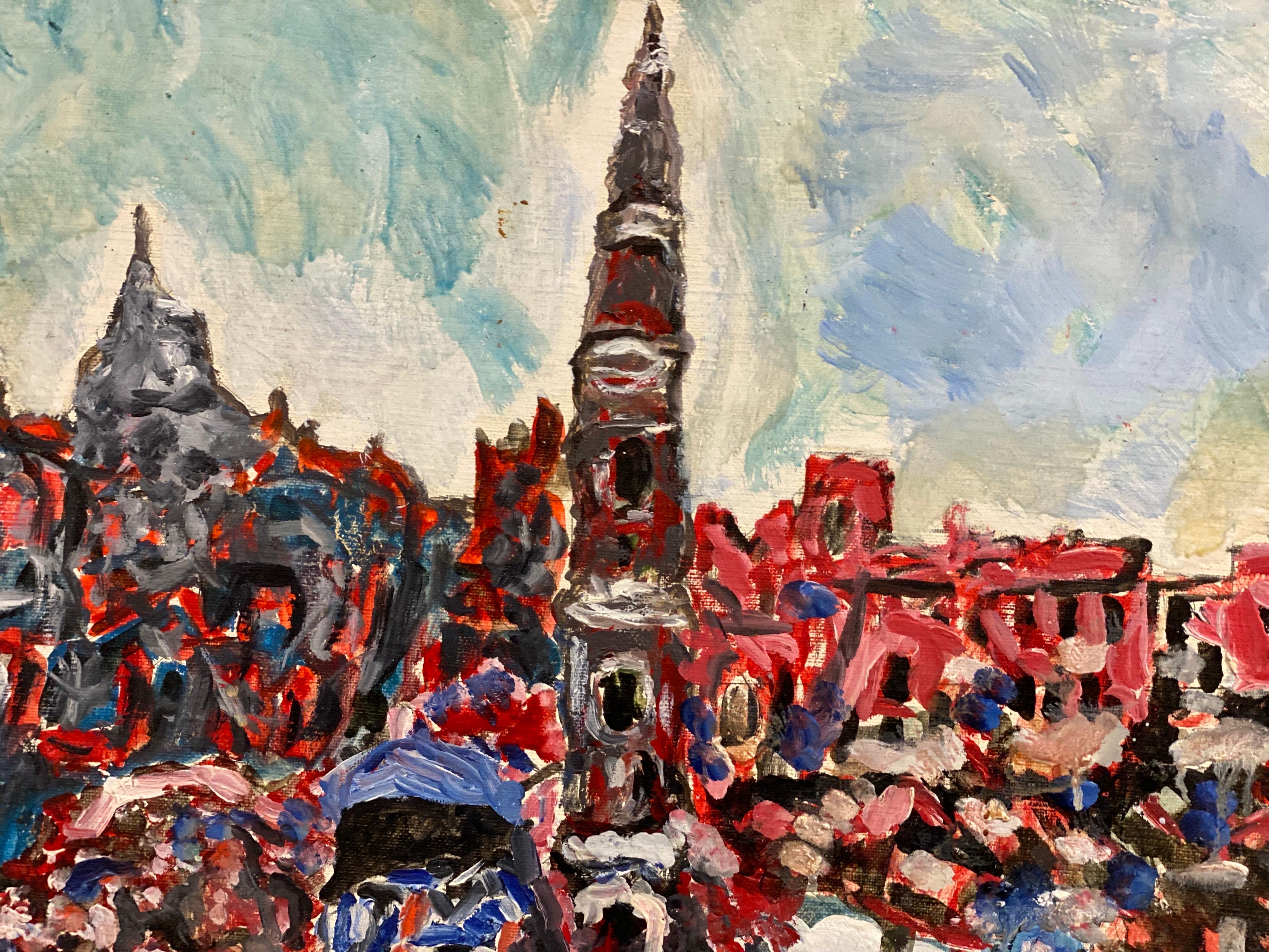 Colorful French Expressionist/ Fauvist Oil Painting Busy City Square  Figures For Sale 4