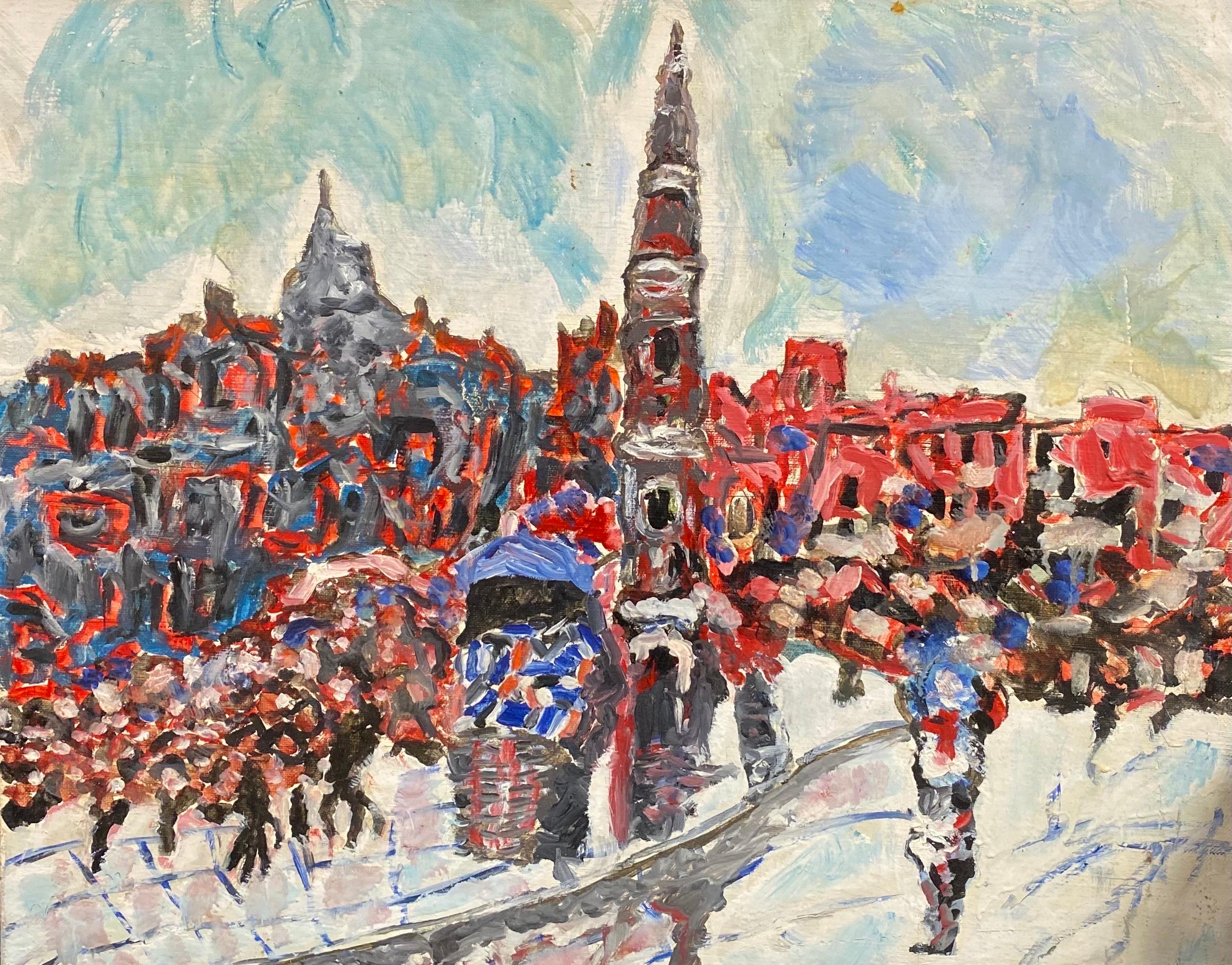 Colorful French Expressionist/ Fauvist Oil Painting Busy City Square  Figures